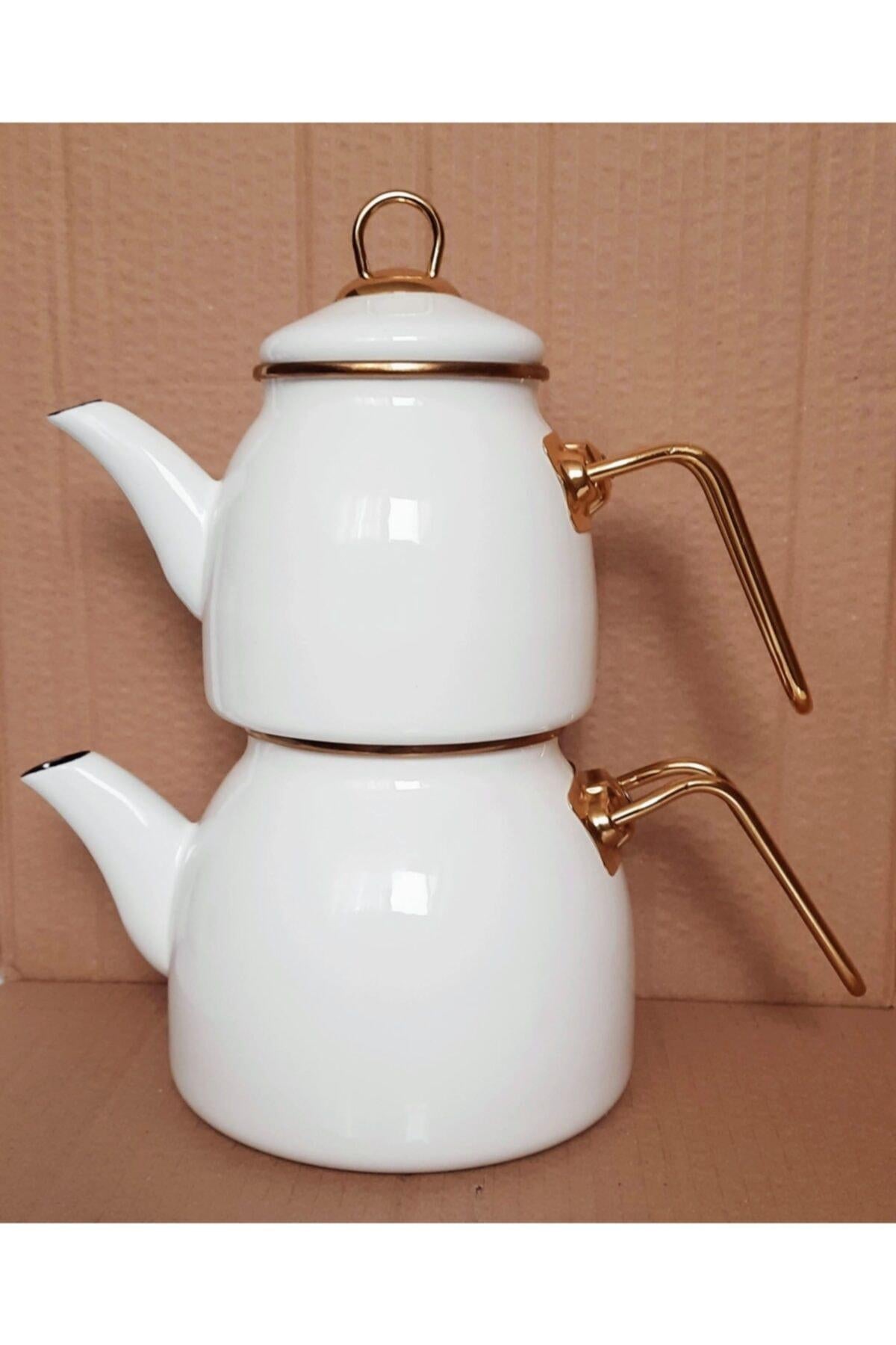 Ebru Metal Enamel Golden Tea Pot Set 2.5L 1.3L White 8680454591662