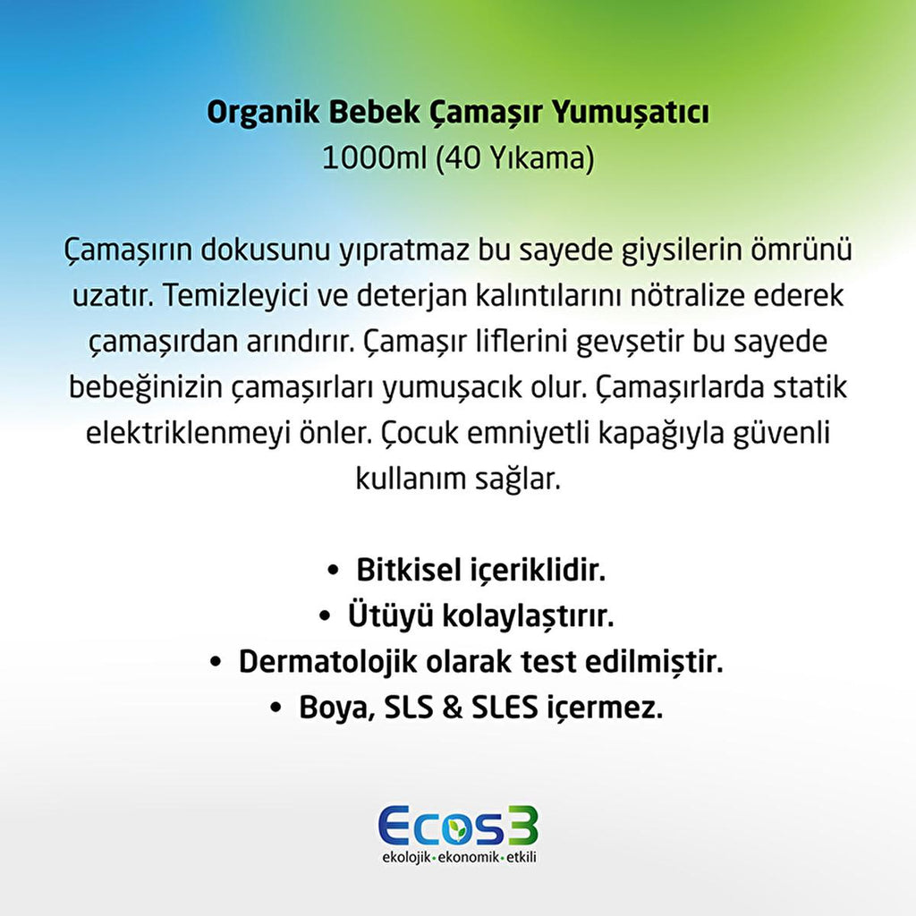 Ecos3 Organic Baby Fabric Softener - Eco-Friendly, Vegan Certified, Concentrated Formula for 40 Washes