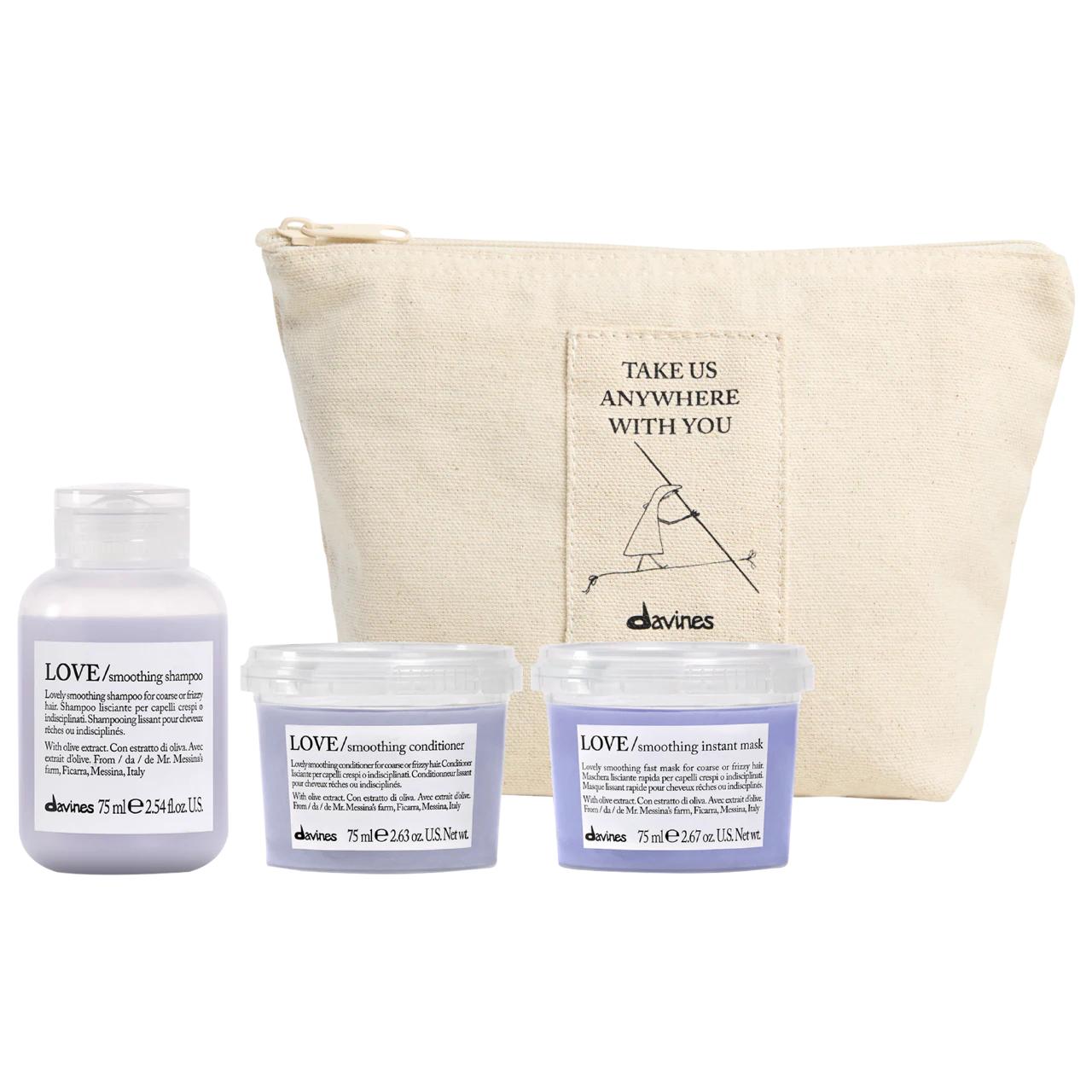 Davines LOVE Smoothing Mini Bestsellers Hair Set: Vegan, Sulfate-Free for Frizzy Hair - Shampoo, Conditioner & Mask for Shine, Manageability & Frizz Control