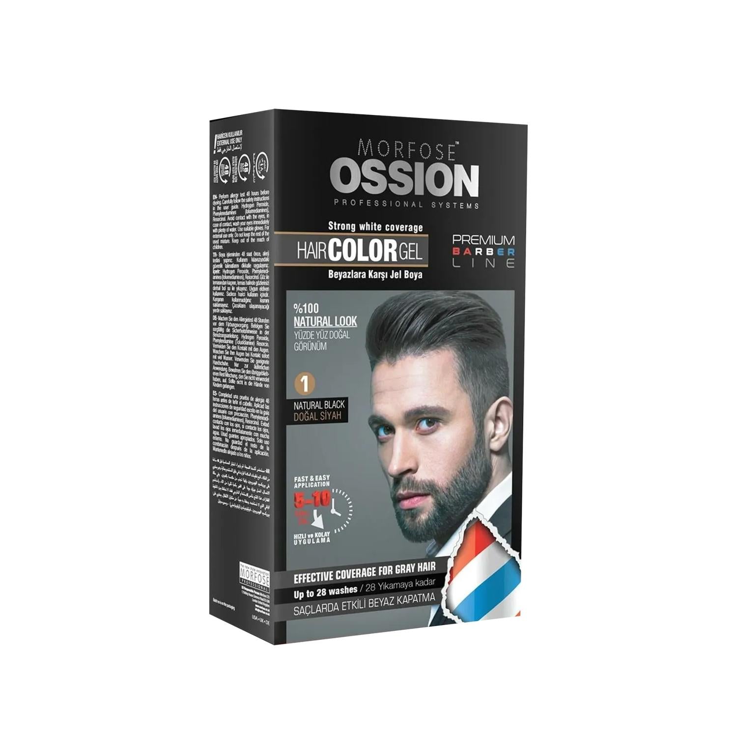 Morfose Ossion Men's Hair Dye Gel - Natural Black (No:1 Doğal Siyah), 1.35 fl oz - Easy Application & Precise Color