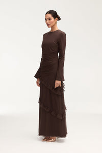Sabrina Waterfall Mesh Maxi Dress - Espresso Clothing Veiled 