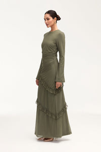 Sabrina Waterfall Mesh Maxi Dress - Smokey Olive Clothing Veiled 