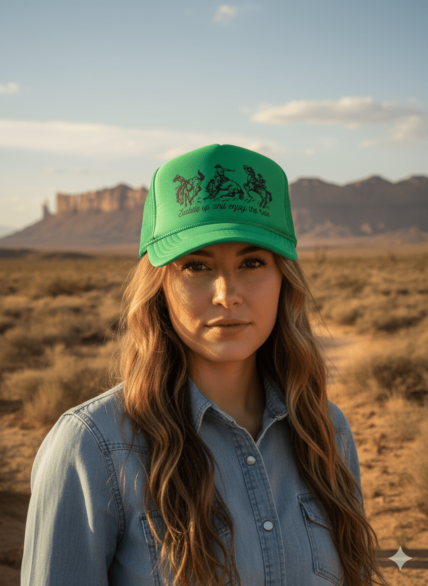 Wild Junkie Saddle Up And Enjoy The Ride Trucker Hat — construction detail