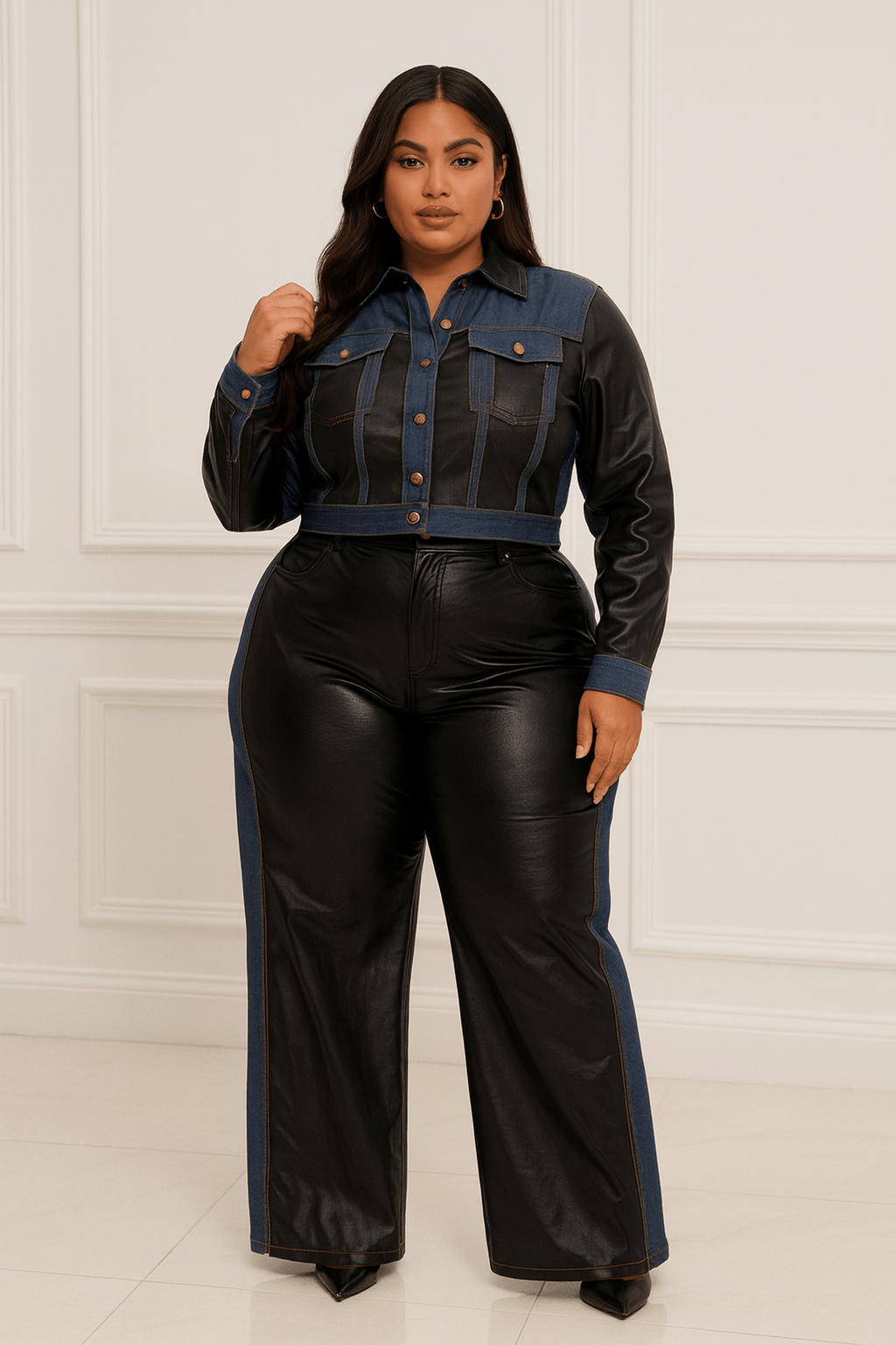 Samara Plus Size Denim Contrast Jacket And Pant Set
