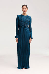 Samara Satin Plisse Wrap Waist Maxi Dress - Lapis Blue Dresses Veiled 
