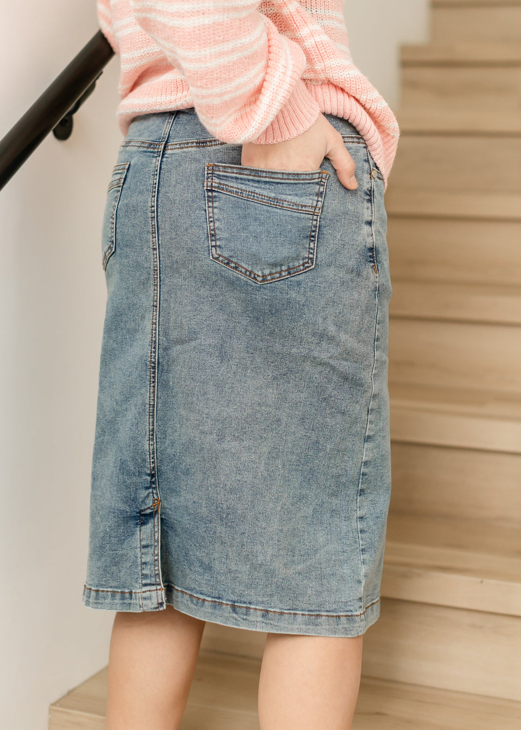 Inherit Co. Sandra Classic Wash Midi Denim Skirt — product on model