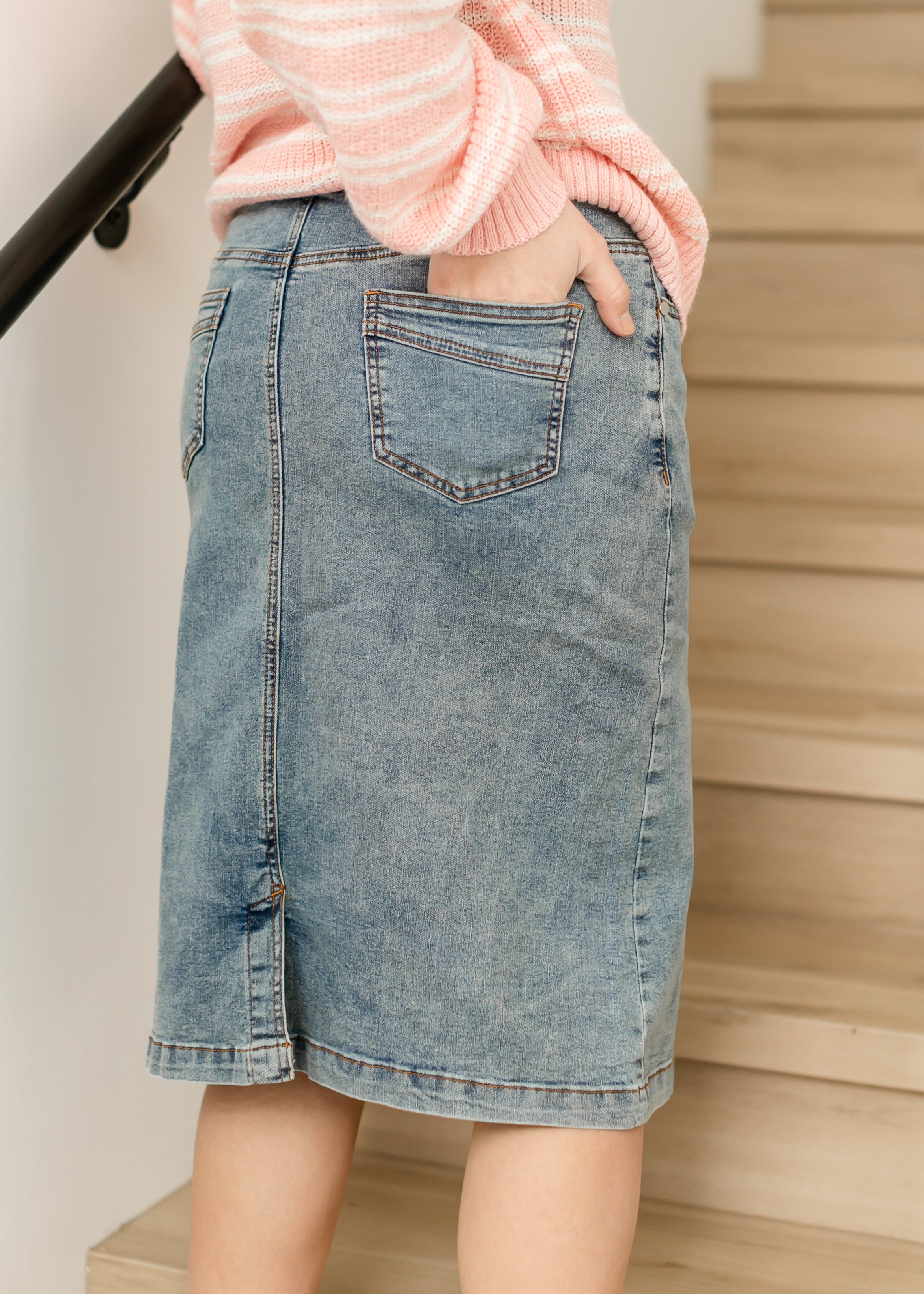 Inherit Co. Sandra Classic Wash Midi Denim Skirt — product on model
