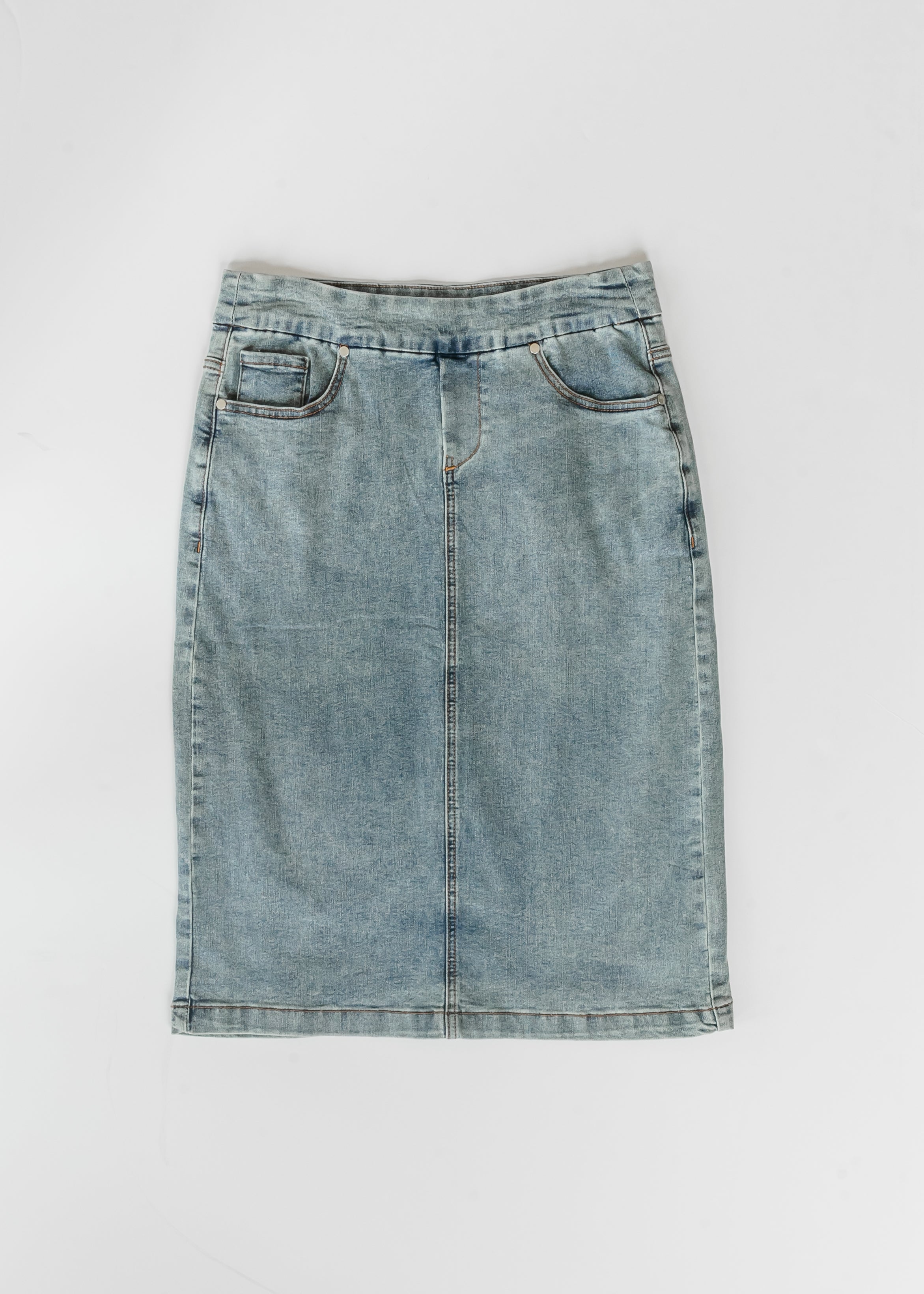Inherit Co. Sandra Classic Wash Midi Denim Skirt — side view
