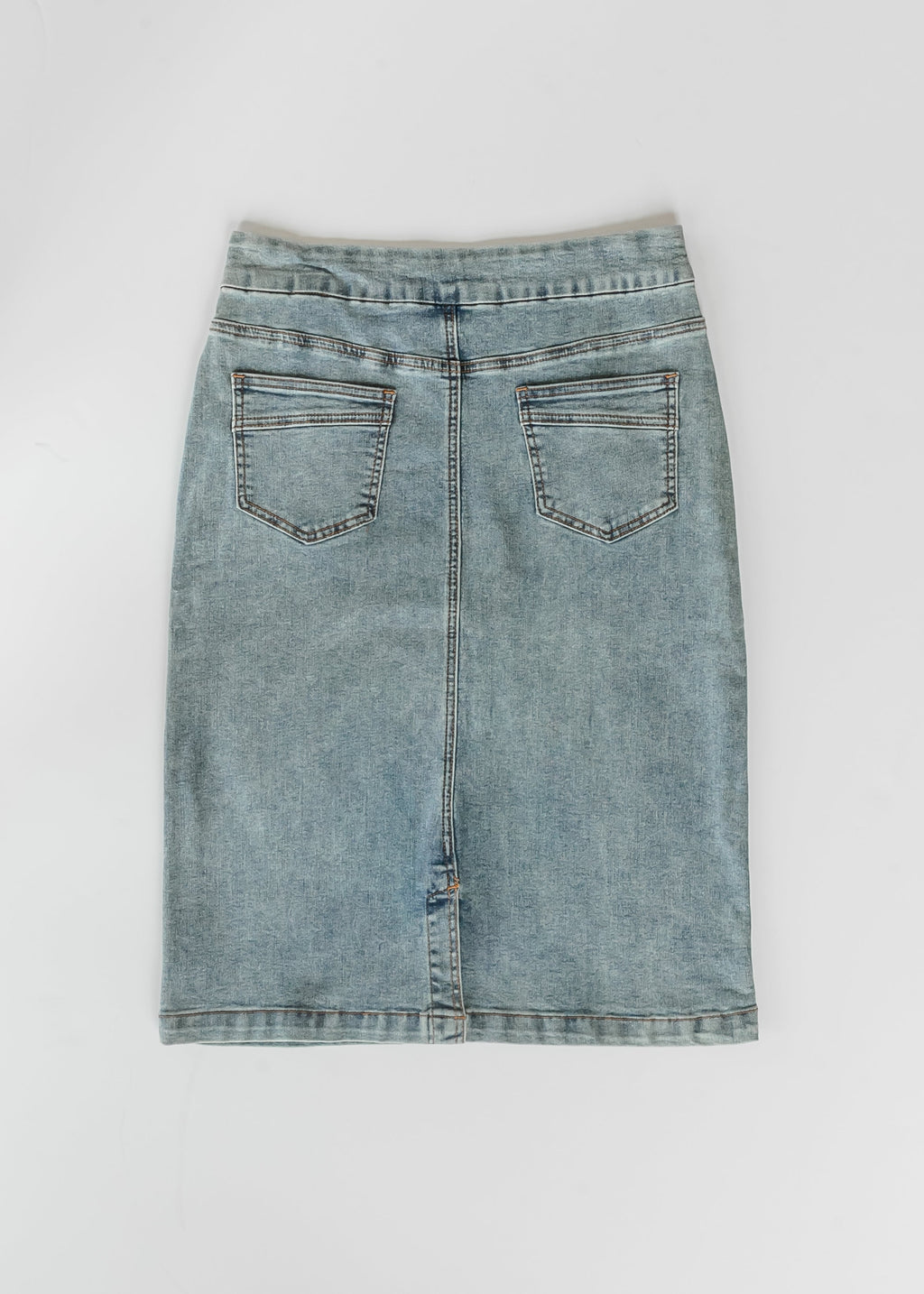 Inherit Co. Sandra Classic Wash Midi Denim Skirt — in-use photo