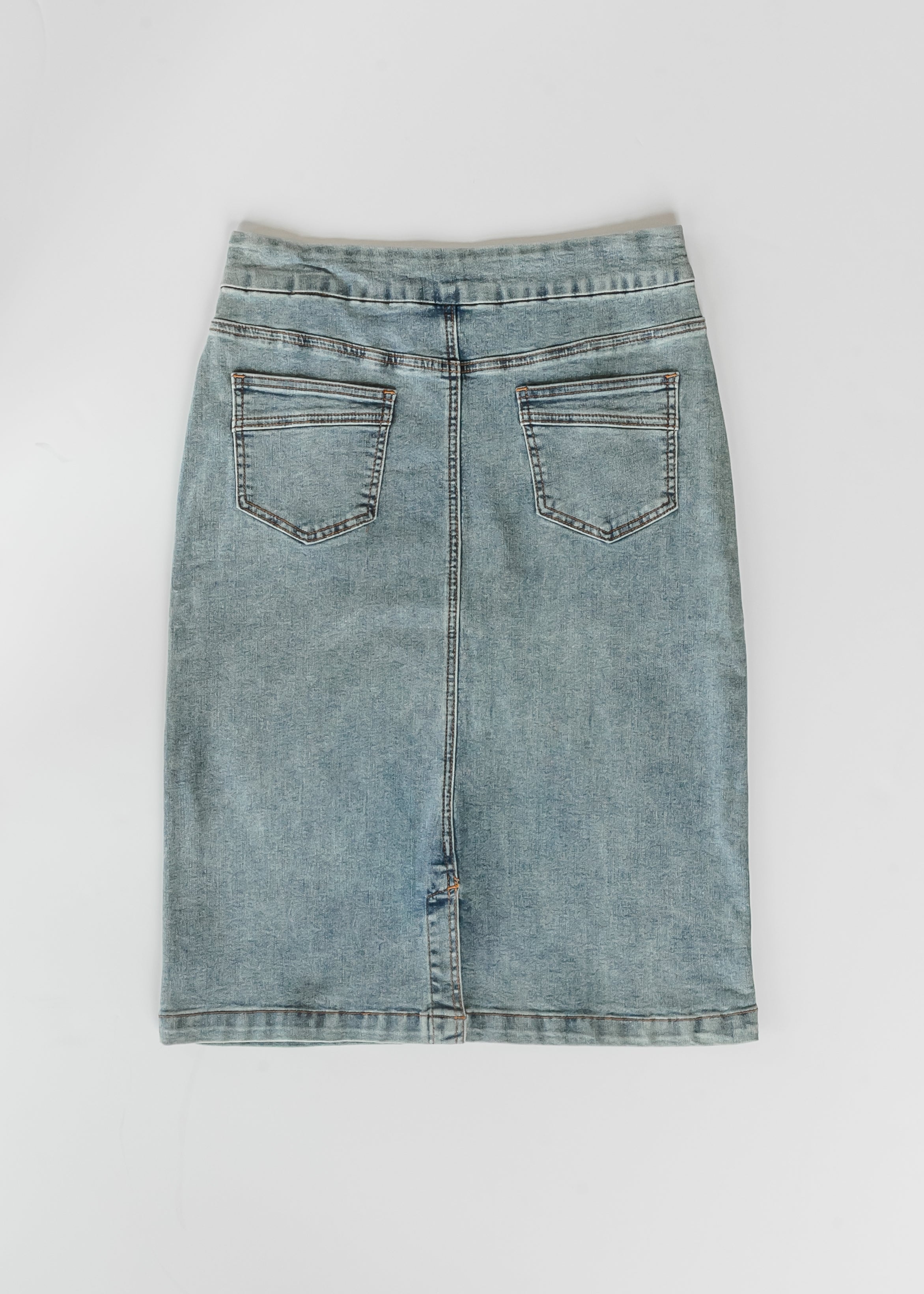 Inherit Co. Sandra Classic Wash Midi Denim Skirt — in-use photo