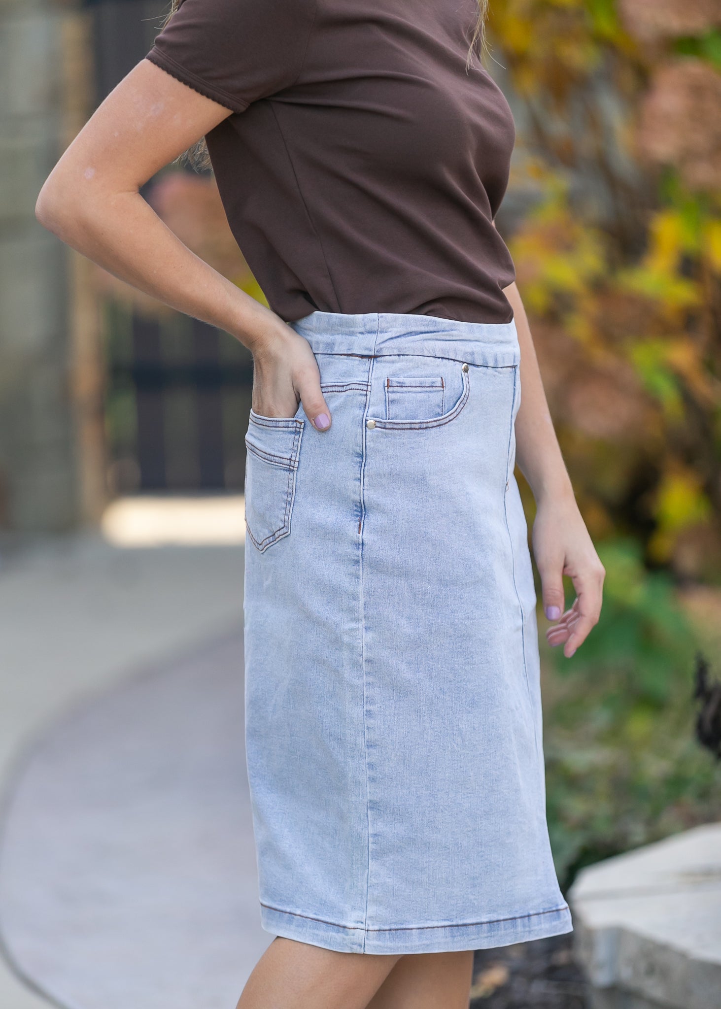 Inherit Co. Sandra Light Wash Denim Midi Skirt - FINAL SALE — back view