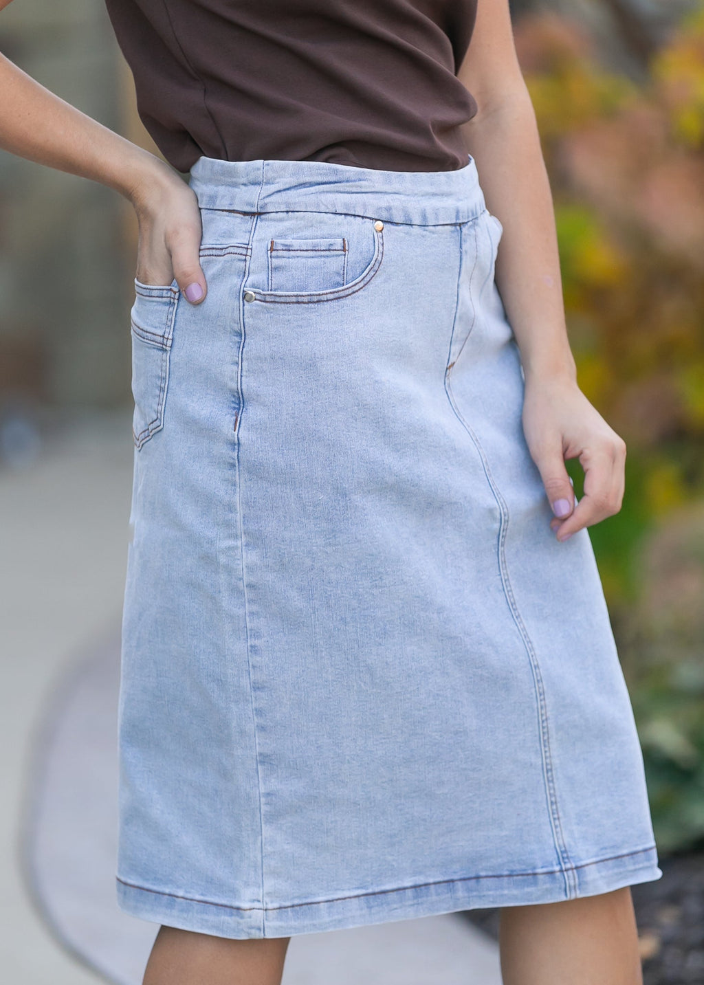 Inherit Co. Sandra Light Wash Denim Midi Skirt - FINAL SALE — detail close-up