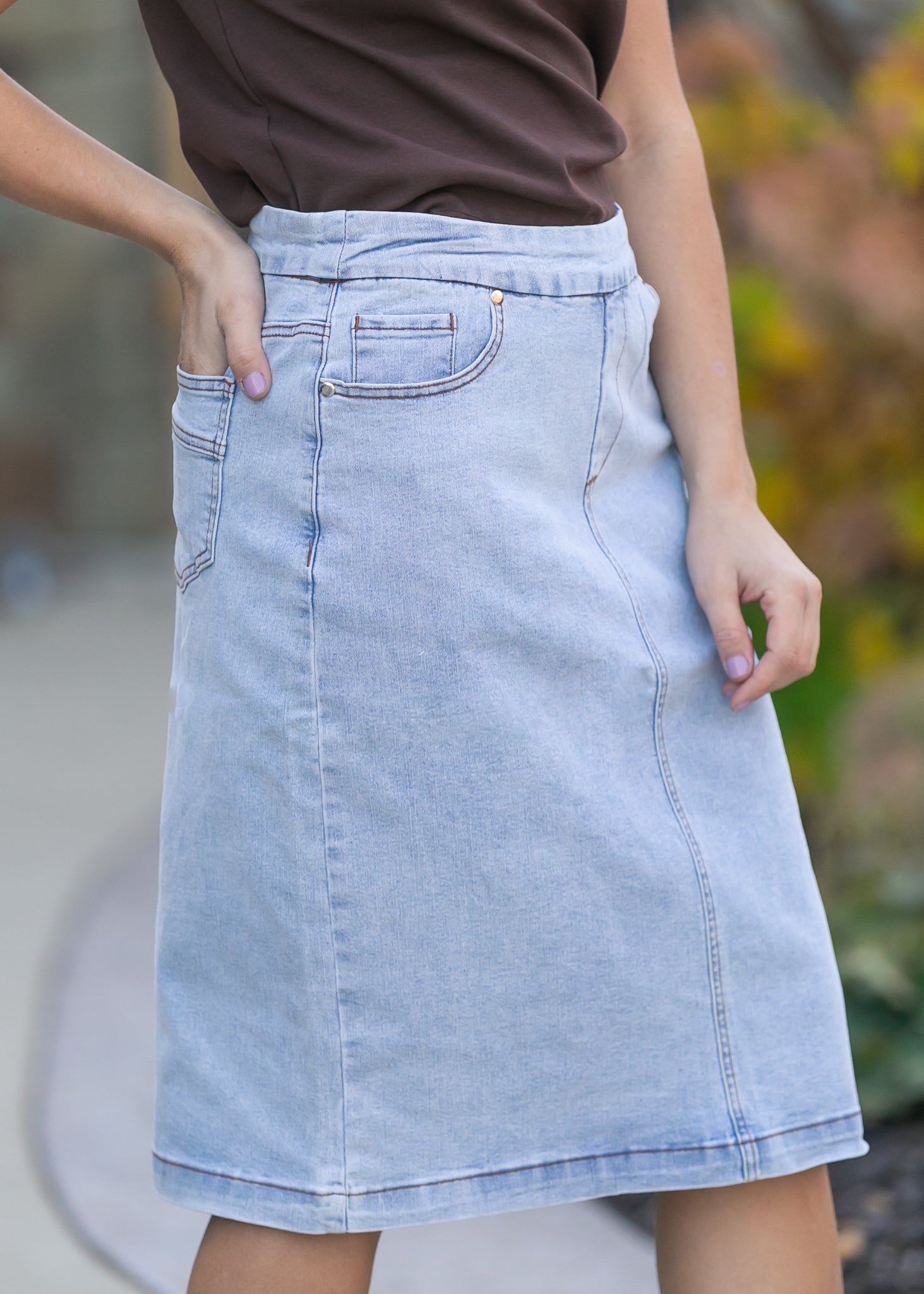 Inherit Co. Sandra Light Wash Denim Midi Skirt - FINAL SALE — detail close-up