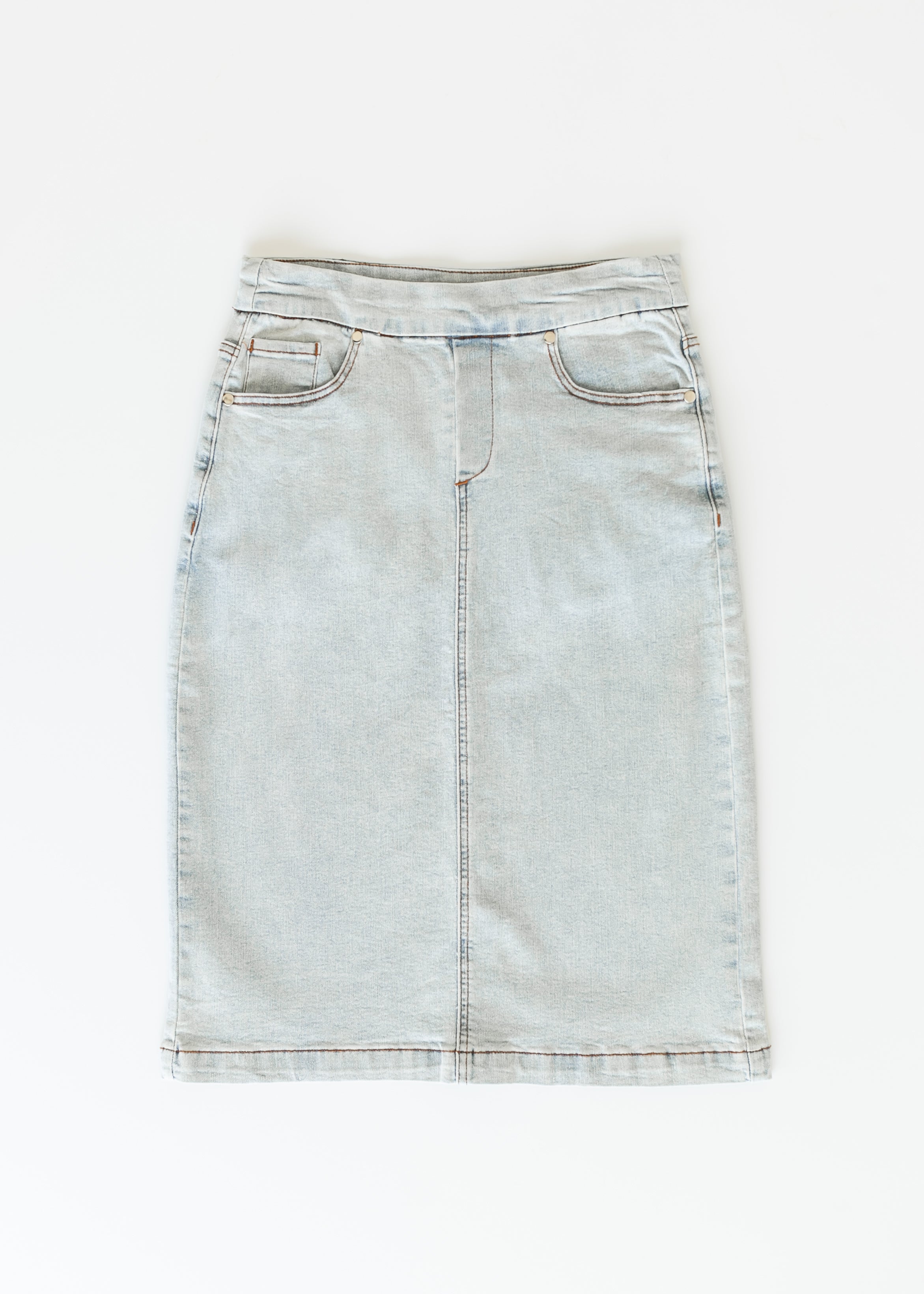 Inherit Co. Sandra Light Wash Denim Midi Skirt - FINAL SALE — feature highlight