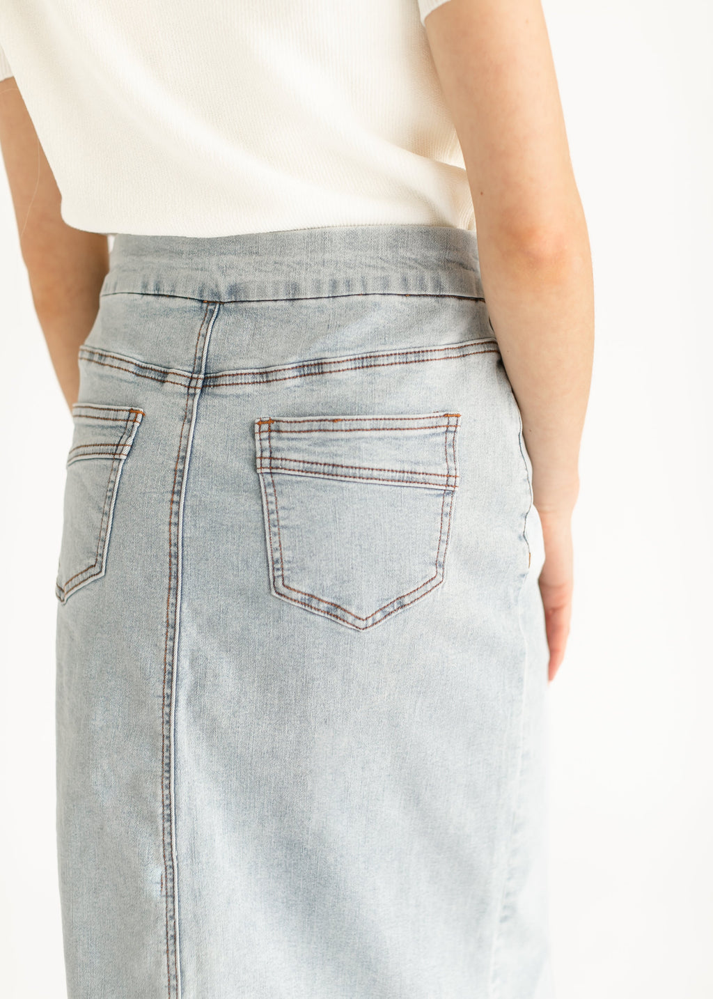 Inherit Co. Sandra Light Wash Denim Midi Skirt - FINAL SALE — detail close-up