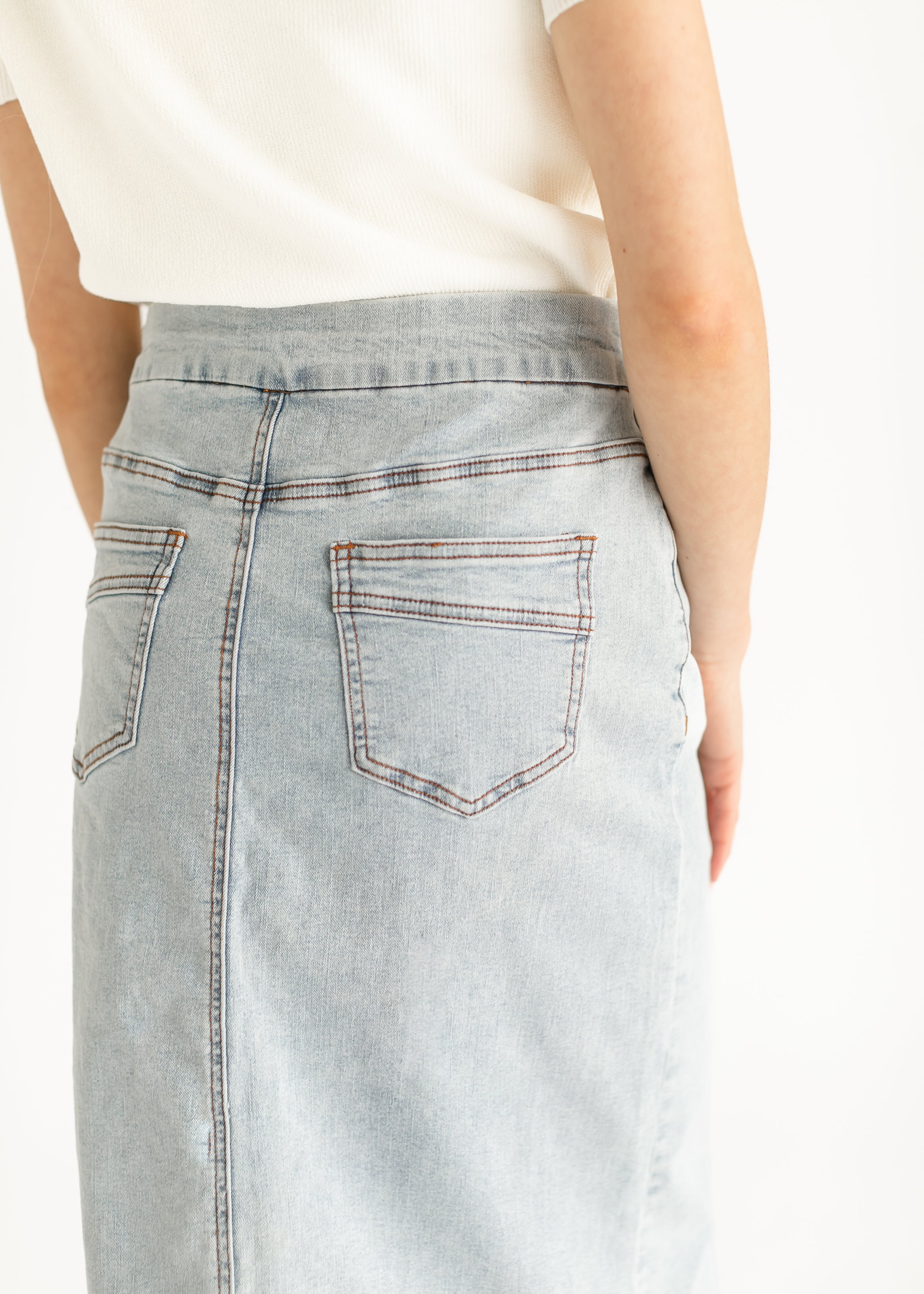 Inherit Co. Sandra Light Wash Denim Midi Skirt - FINAL SALE — detail close-up