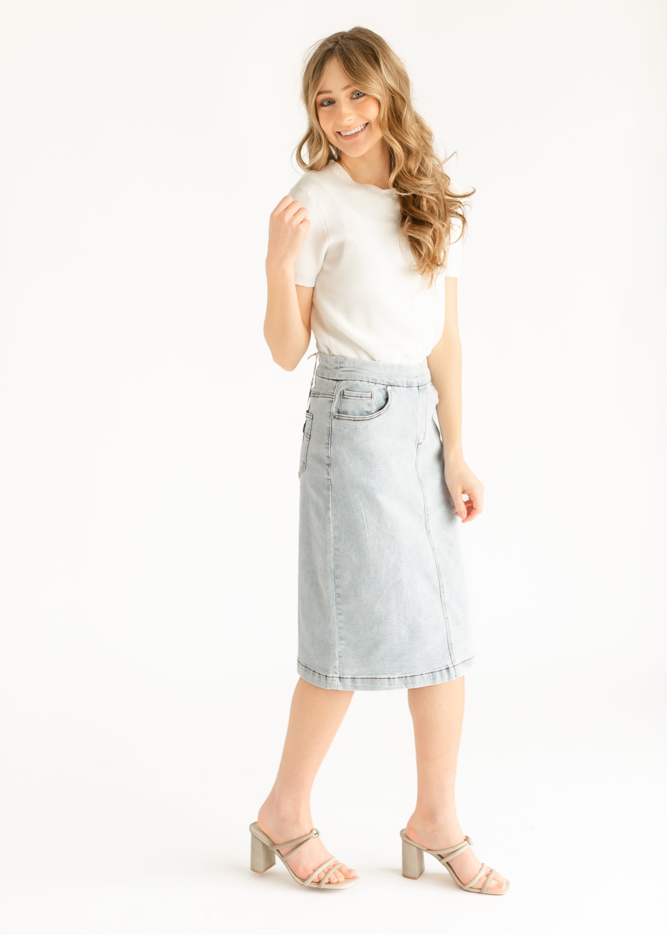 Inherit Co. Sandra Light Wash Denim Midi Skirt - FINAL SALE — flat-lay composition