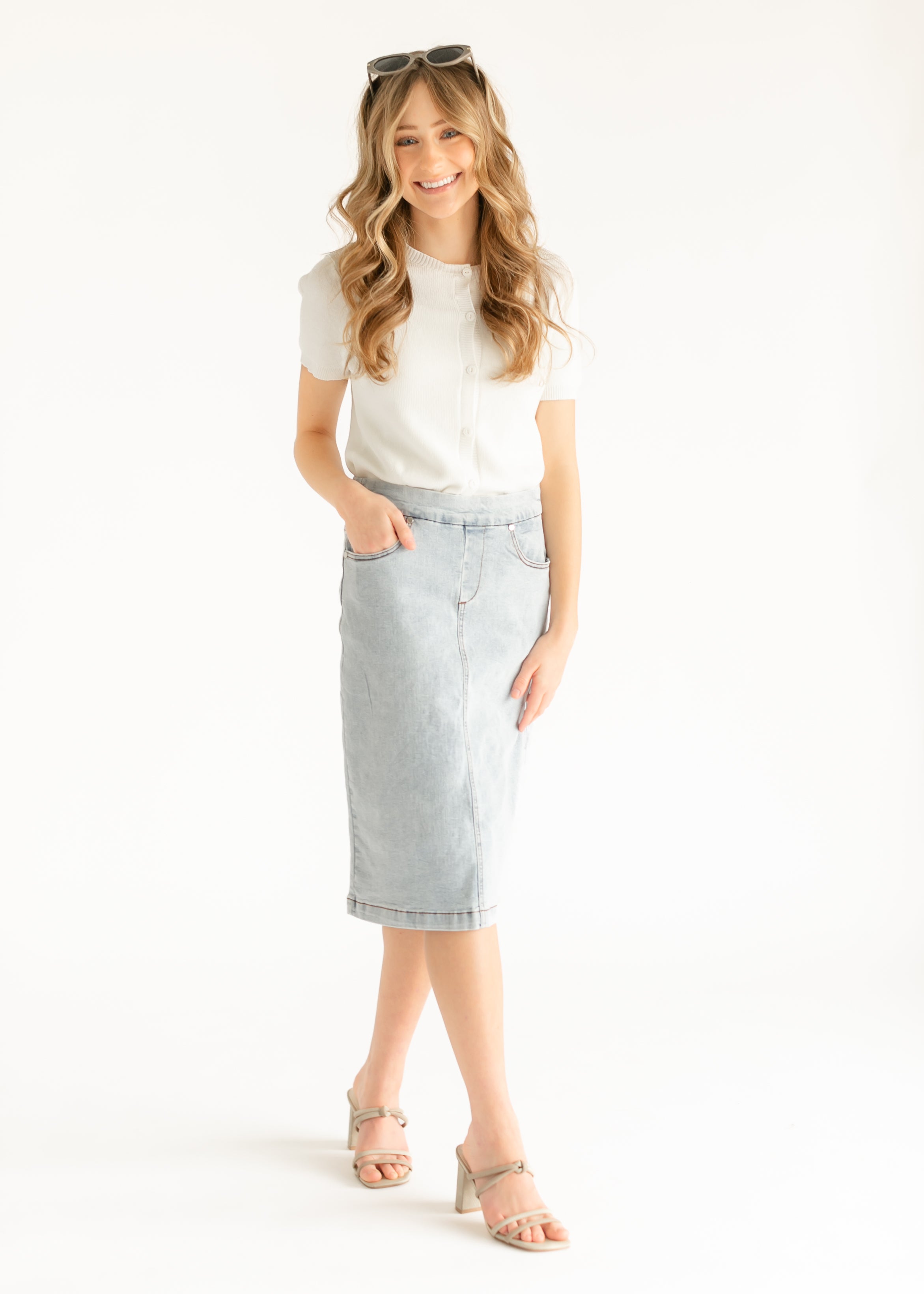 Inherit Co. Sandra Light Wash Denim Midi Skirt - FINAL SALE — comparison shot