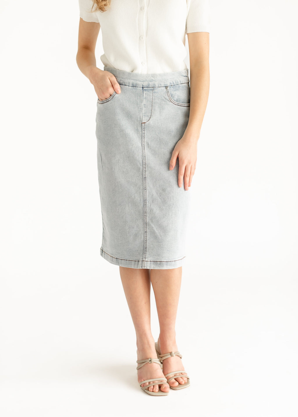 Inherit Co. Sandra Light Wash Denim Midi Skirt - FINAL SALE — product on model