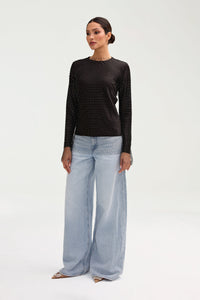 Sania Crystal Mesh Satin Top - Black Clothing Veiled 