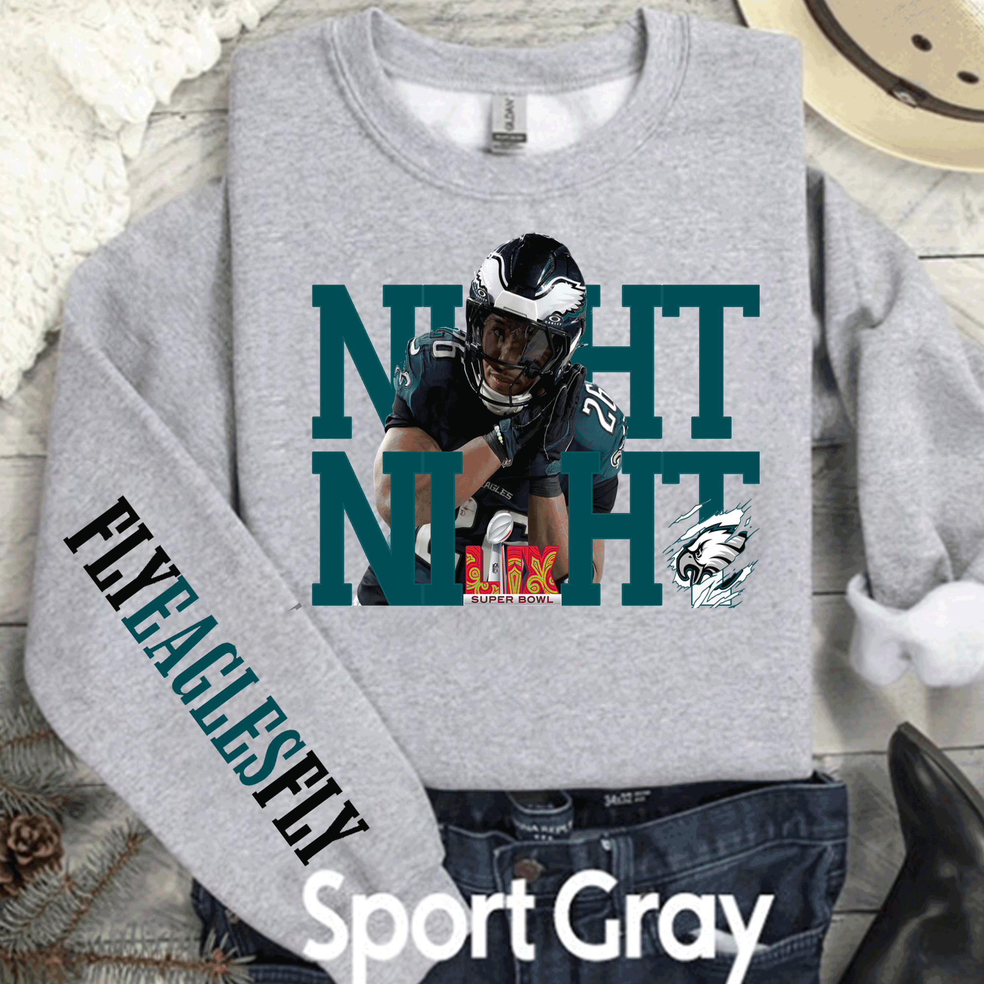 A Blessed Texas Mess Boutique Super Bowl Philadelphia Football Sweatshirt, NIGHT NIGHT Saquon Barkley,… — construction detail