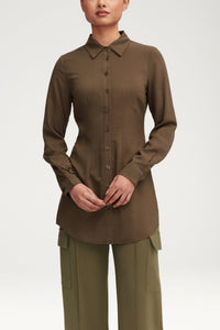 Sarah Fitted Button Down Top - Dark Olive Clothing Veiled 