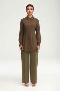 Sarah Fitted Button Down Top - Dark Olive Clothing Veiled 