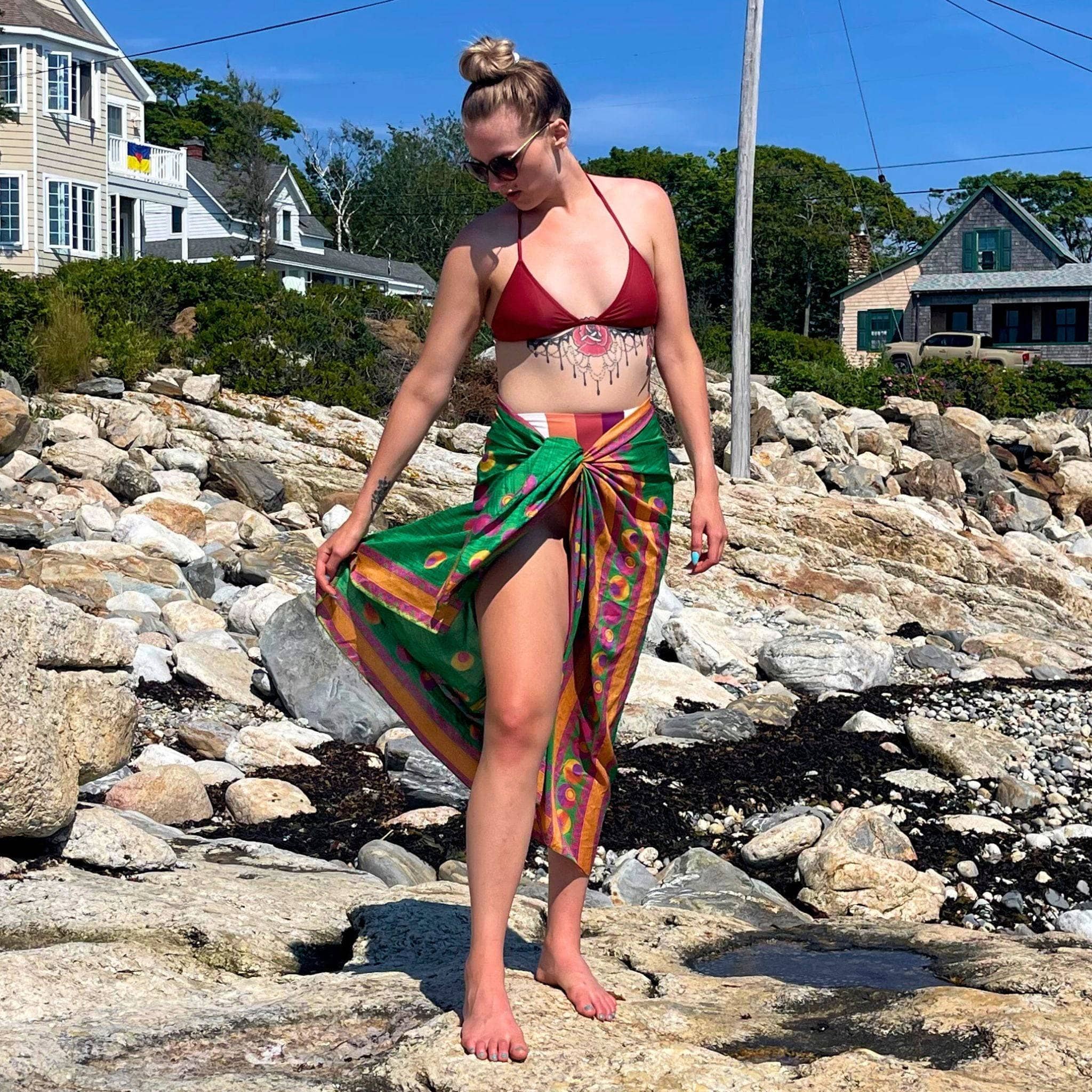Darn Good Yarn Sari Beach Sarong — Darn Good Yarn branding close-up