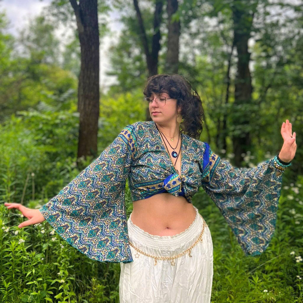 Darn Good Yarn Sari Bell Sleeve Wrap Top — lifestyle worn / used context