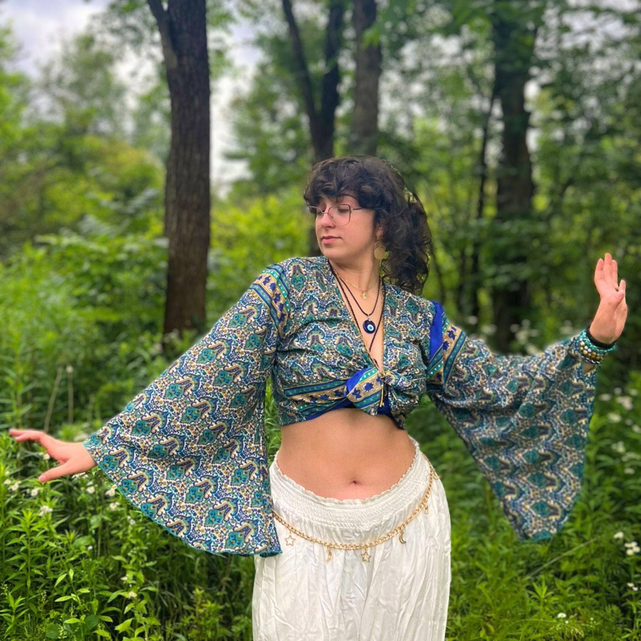 Darn Good Yarn Sari Bell Sleeve Wrap Top — lifestyle worn / used context
