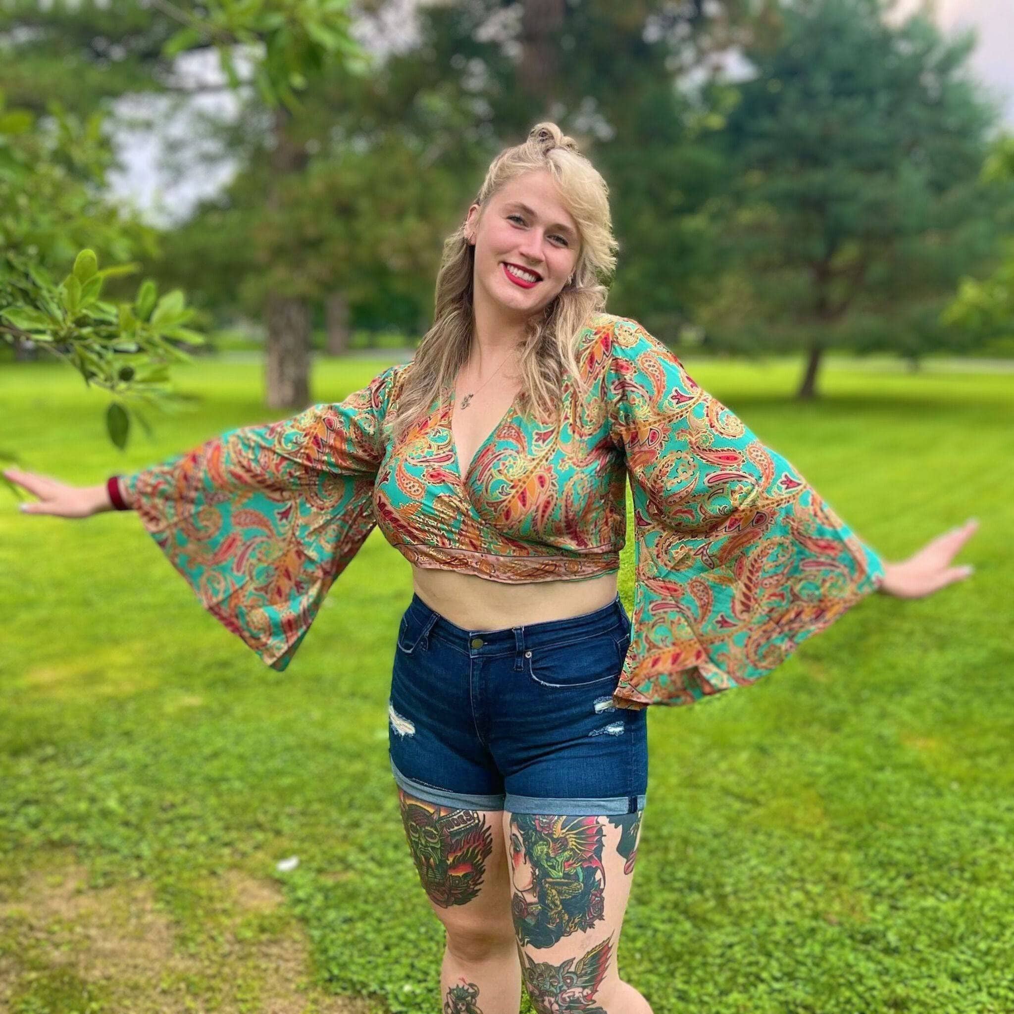 Darn Good Yarn Sari Bell Sleeve Wrap Top — main product shot