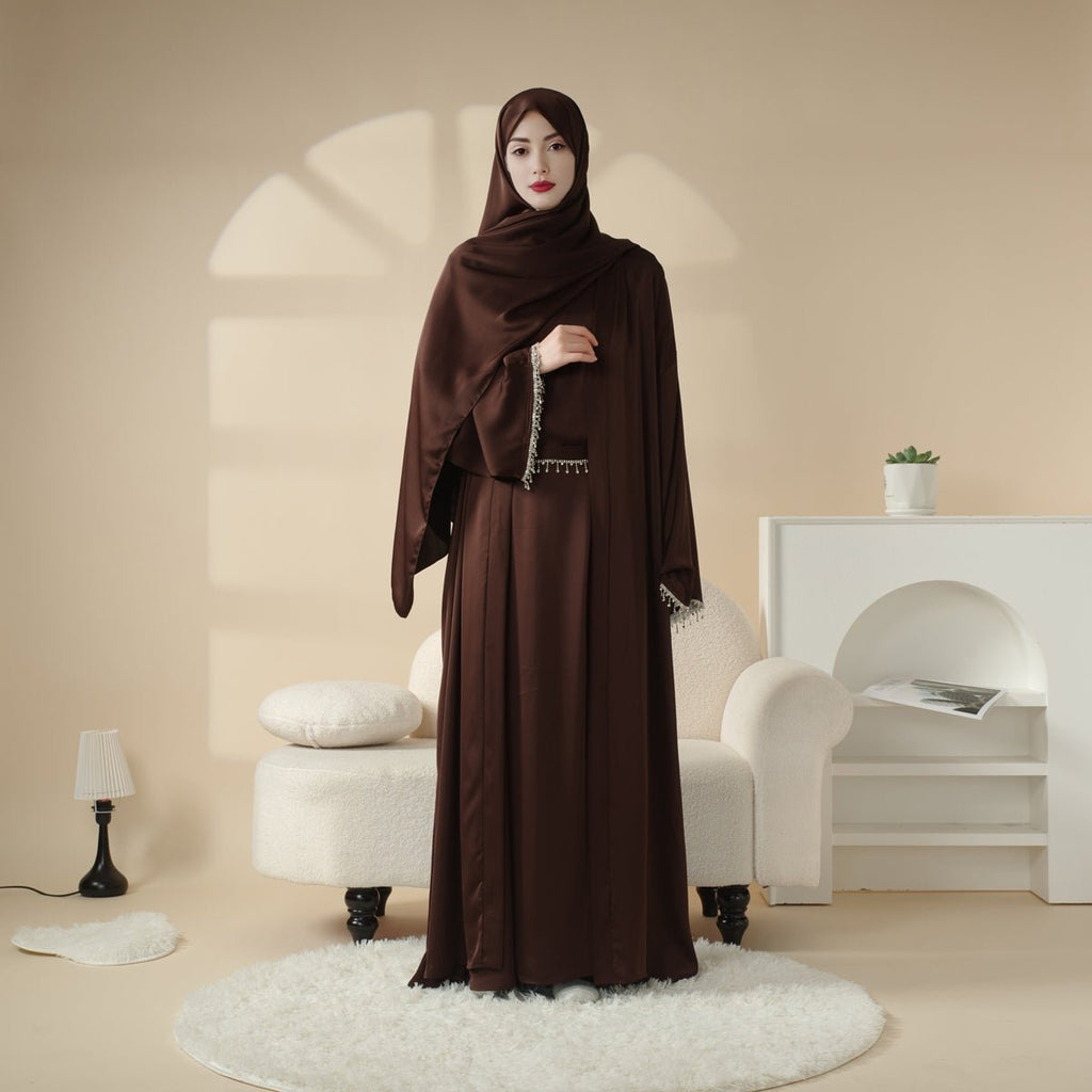 Mariam's Collection Satin Abaya With Matching Belt Made Of Diamond Tassel (MOA010) — detail close-up