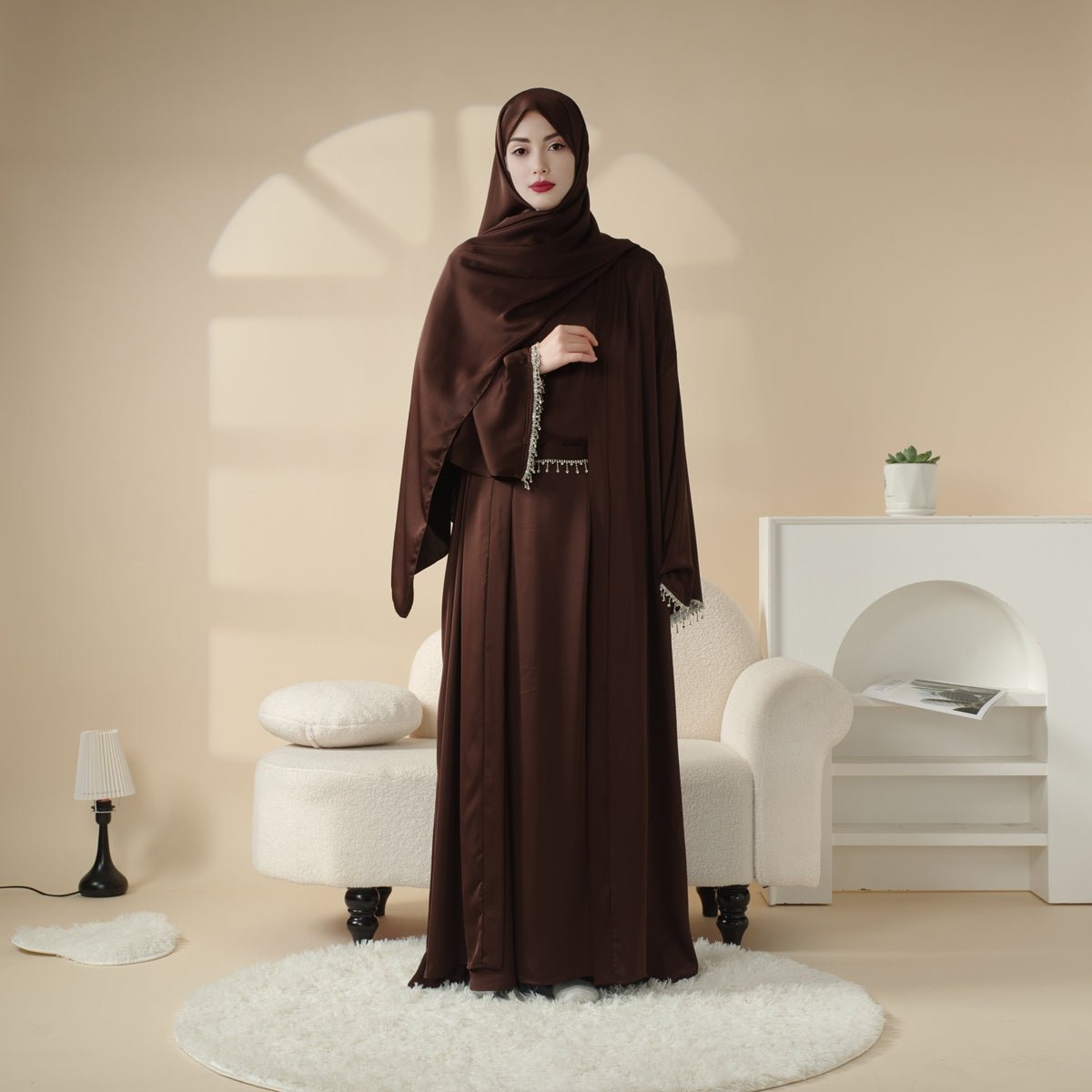 Mariam's Collection Satin Abaya With Matching Belt Made Of Diamond Tassel (MOA010) — detail close-up