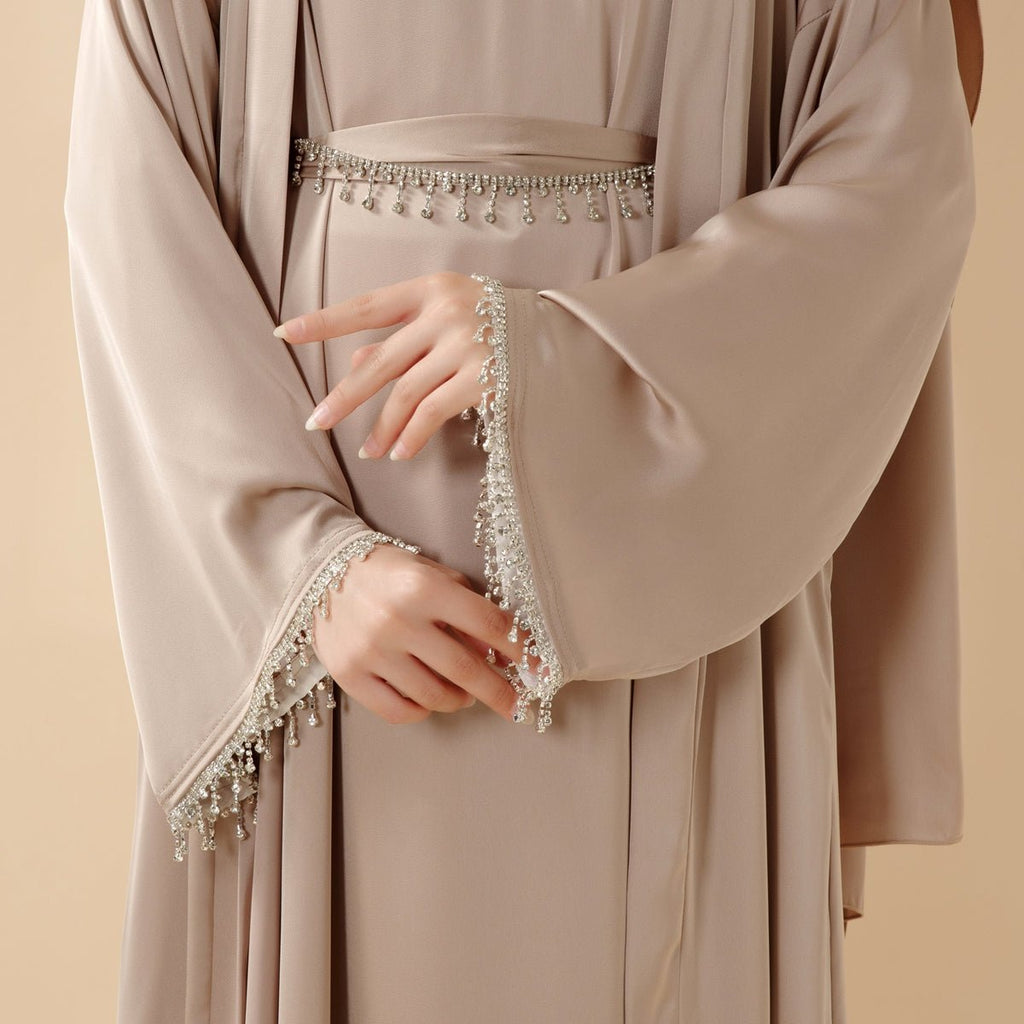 Mariam's Collection Satin Abaya With Matching Belt Made Of Diamond Tassel (MOA010) — Mariam's Collection branding close-up