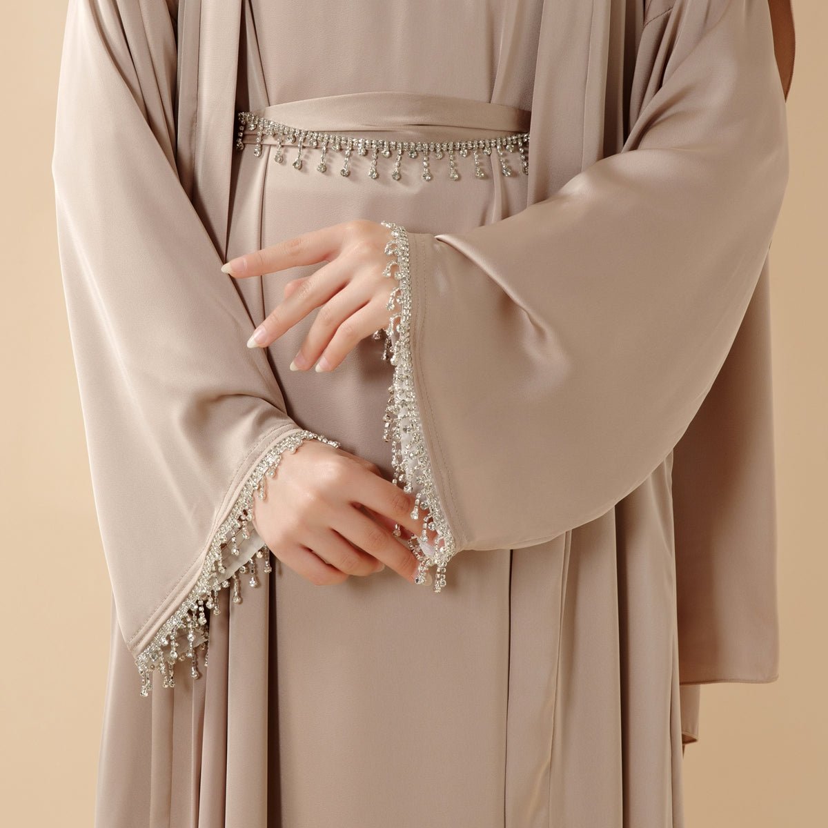 Mariam's Collection Satin Abaya With Matching Belt Made Of Diamond Tassel (MOA010) — Mariam's Collection branding close-up