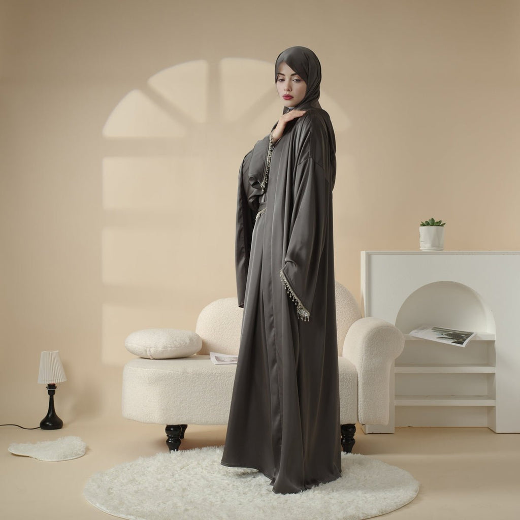 Mariam's Collection Satin Abaya With Matching Belt Made Of Diamond Tassel (MOA010) — comparison shot