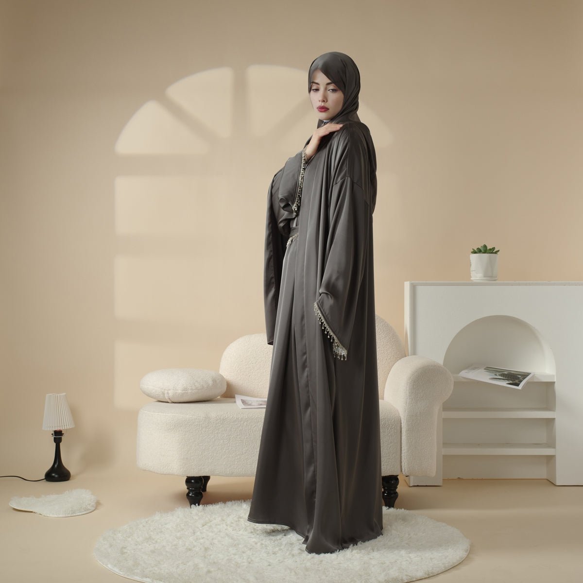 Mariam's Collection Satin Abaya With Matching Belt Made Of Diamond Tassel (MOA010) — comparison shot