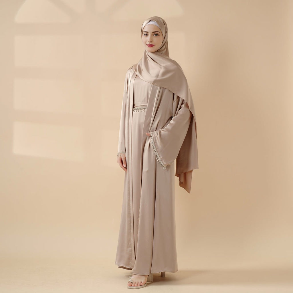 Mariam's Collection Satin Abaya With Matching Belt Made Of Diamond Tassel (MOA010) — lifestyle worn / used context