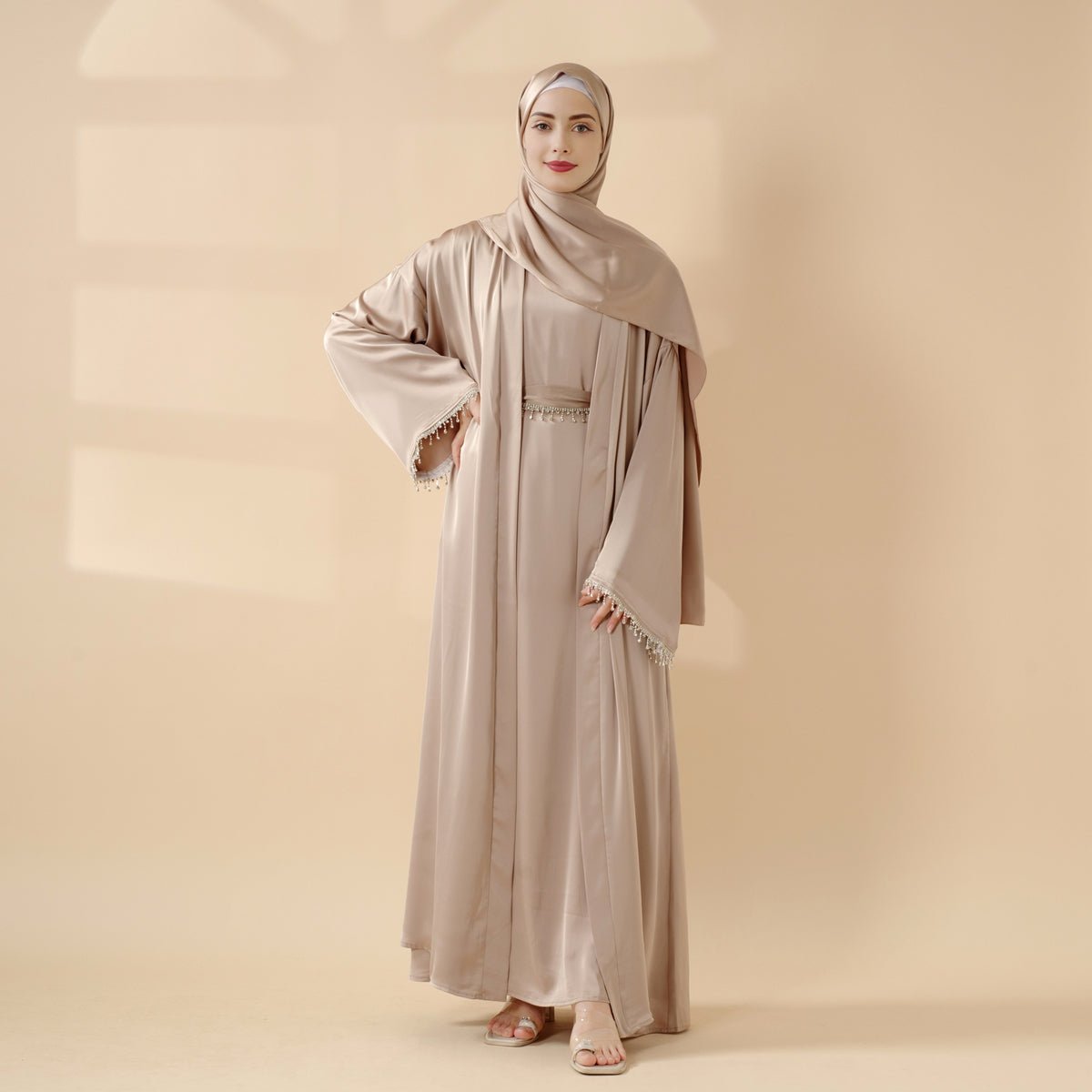 Mariam's Collection Satin Abaya With Matching Belt Made Of Diamond Tassel (MOA010) — detail shot 6