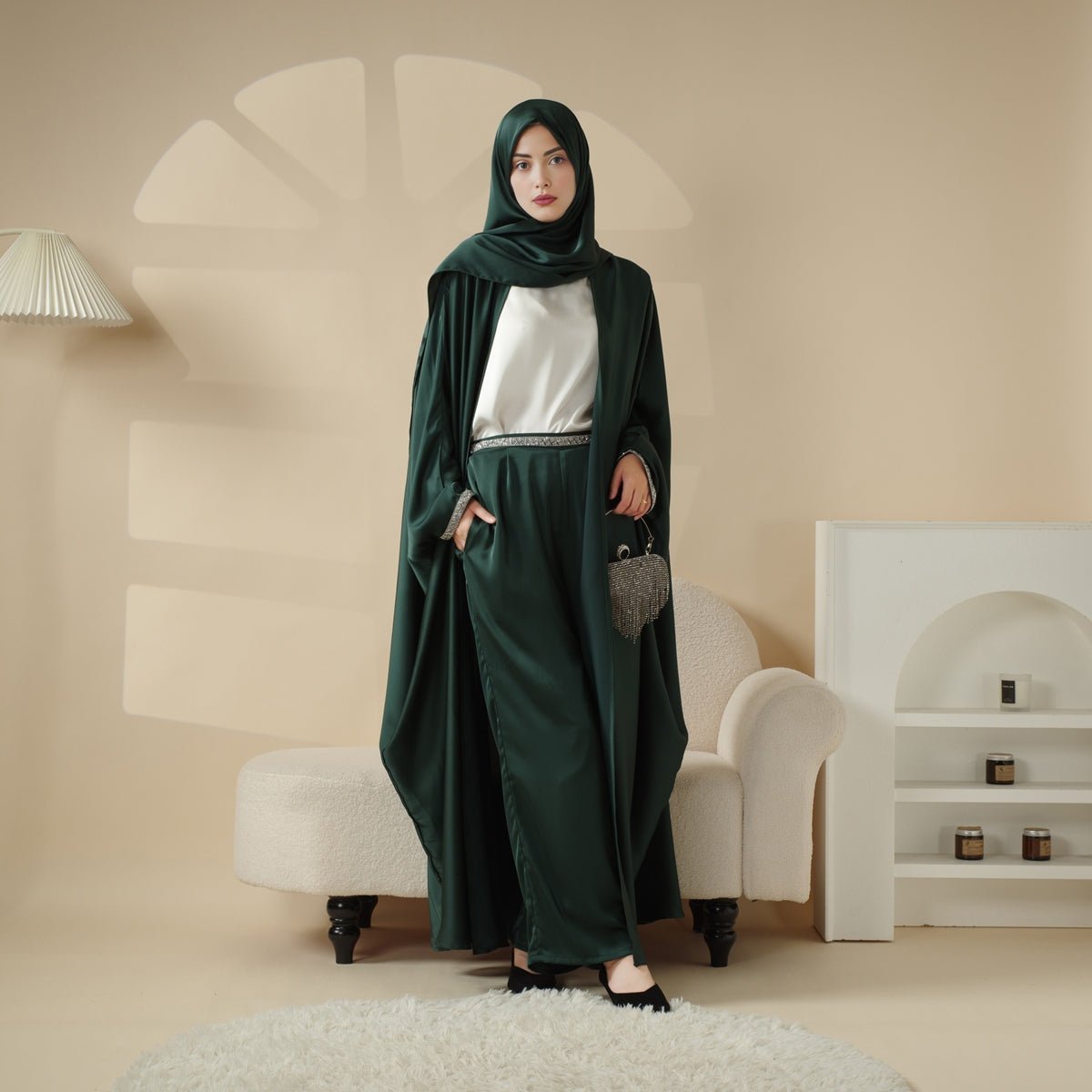 Mariam's Collection Abaya With Satin Shirt And Rhinestone Trousers | 4-Piece Set Abaya (MOA060) — detail close-up