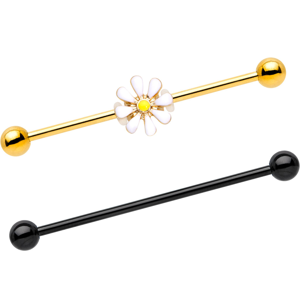 BodyCandy 14G Black Gold Tone Daisy Flower Industrial Barbell 38mm Set of 2 — main product shot