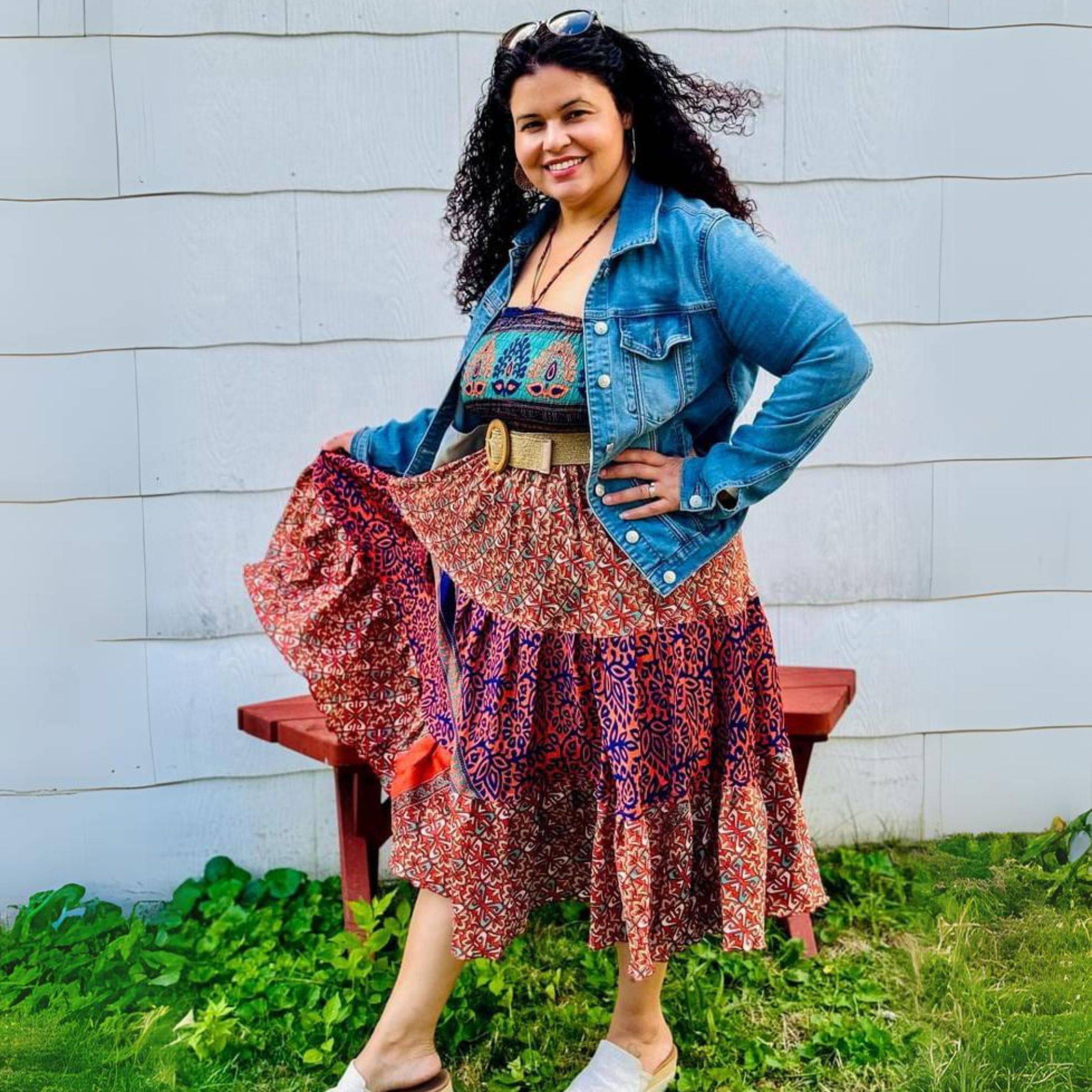 Darn Good Yarn Darn Good Yarn Sedona Patchwork Dress — Darn Good Yarn branding close-up