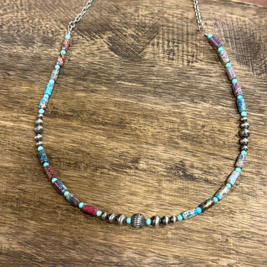 Wild Junkie Corrugated Silver Pearl and Jasper Barrel Bead Necklace — Silver detail