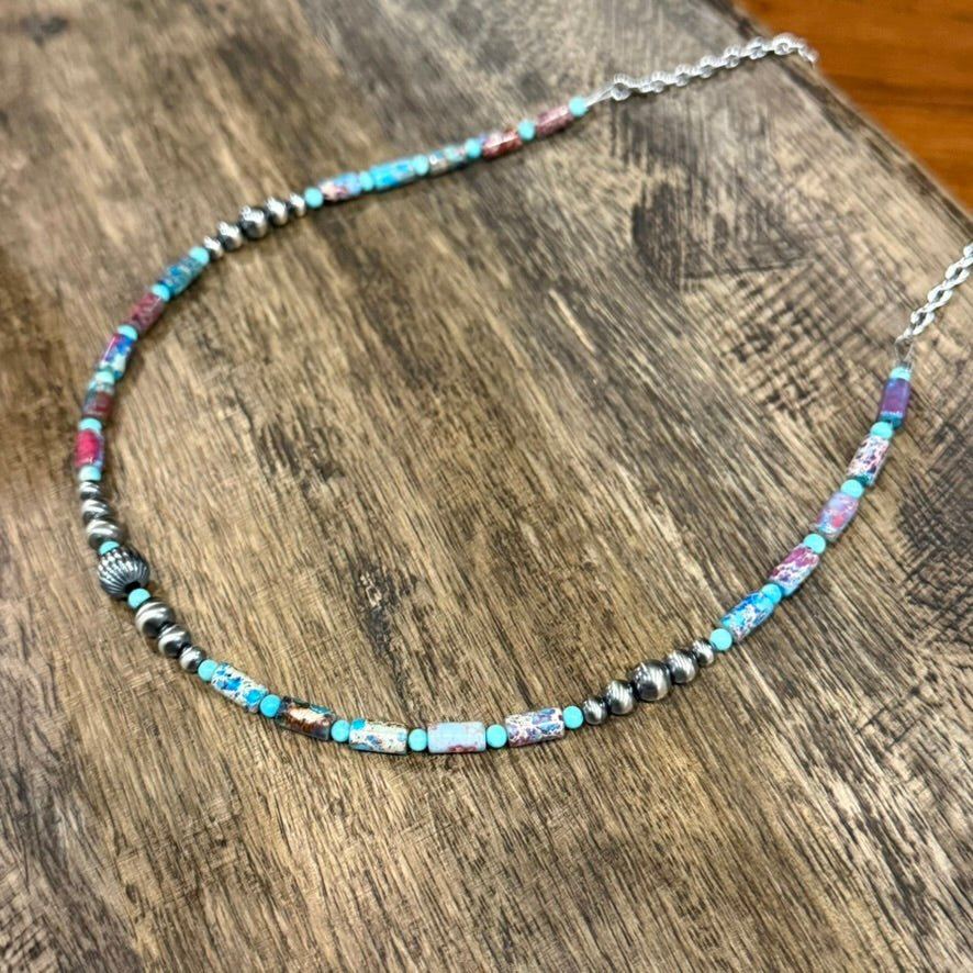 Wild Junkie Corrugated Silver Pearl and Jasper Barrel Bead Necklace — necklaces category context