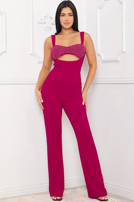 SELENA RHINESTONE BUST DETAIL CUTOUT FUSHIA JUMPSUIT