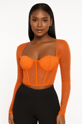 Seline Corset Mesh Long Sleeve Rhinestone Top