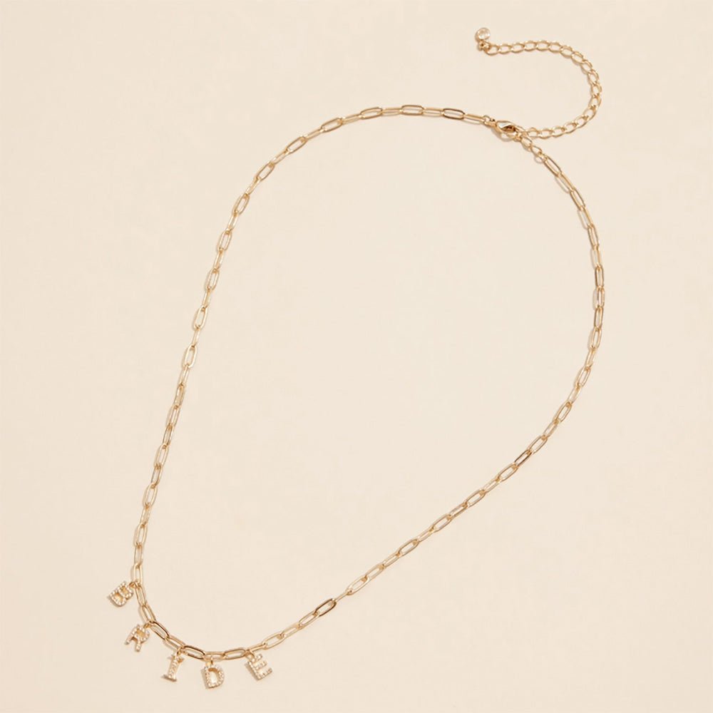 Semi Fine Collection - 18K Gold Dipped Brass Metal Stone Paved BRIDE Monogram Charm Paperclip Chain Necklace