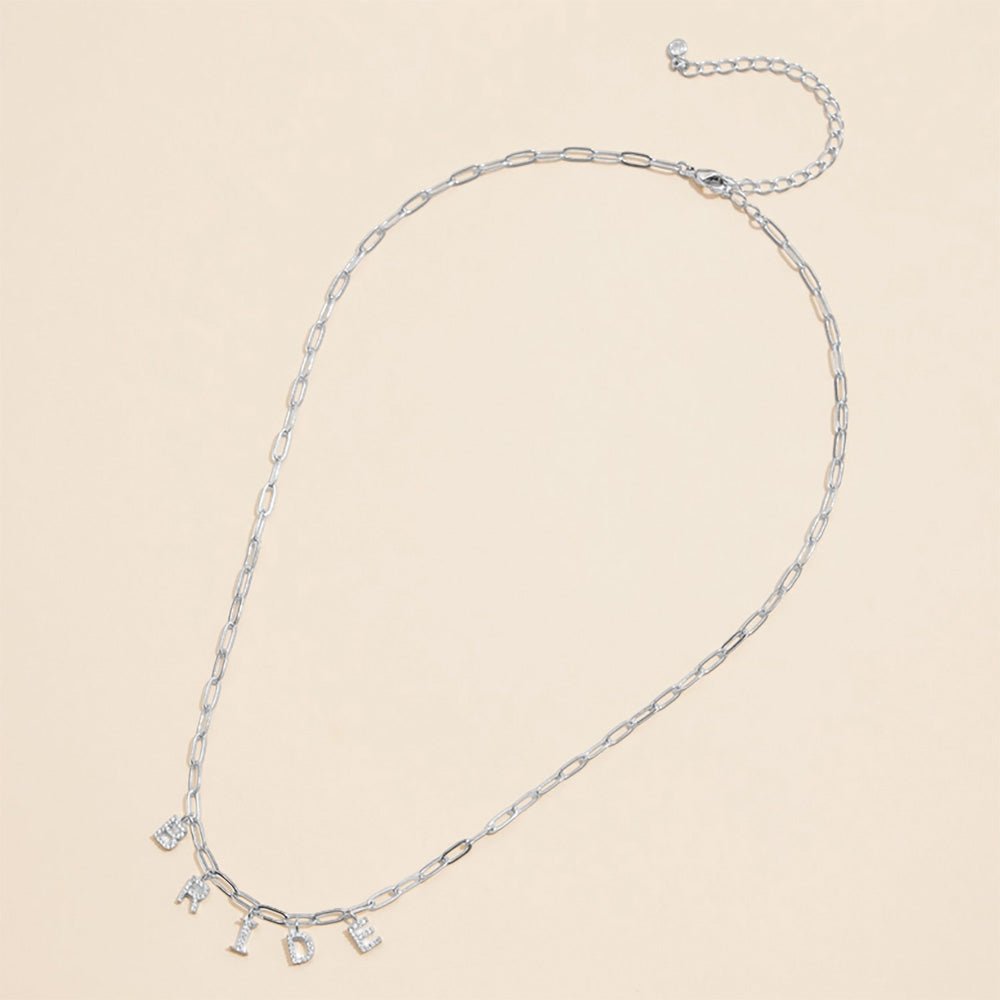 Semi Fine Collection - 18K Gold Dipped Brass Metal Stone Paved BRIDE Monogram Charm Paperclip Chain Necklace