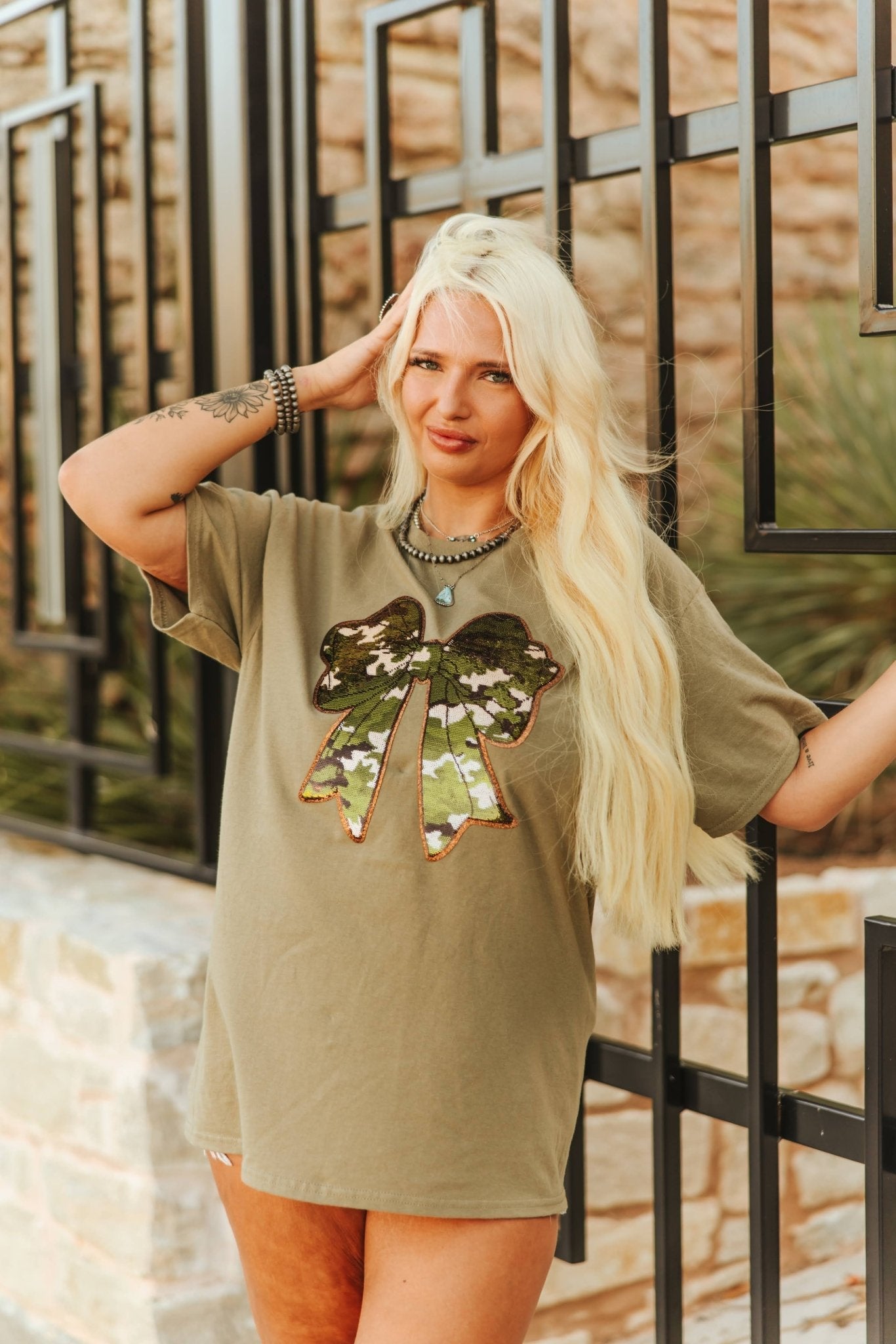 Wild Junkie Sequin Camo Bow Patch Tee — detail close-up