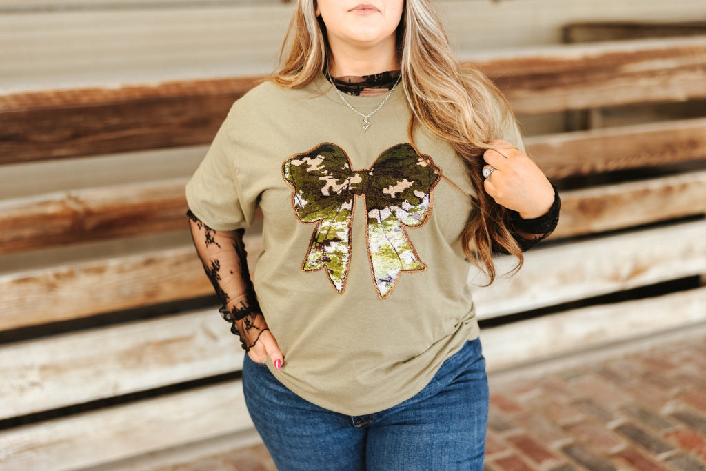 Wild Junkie Sequin Camo Bow Patch Tee — side view